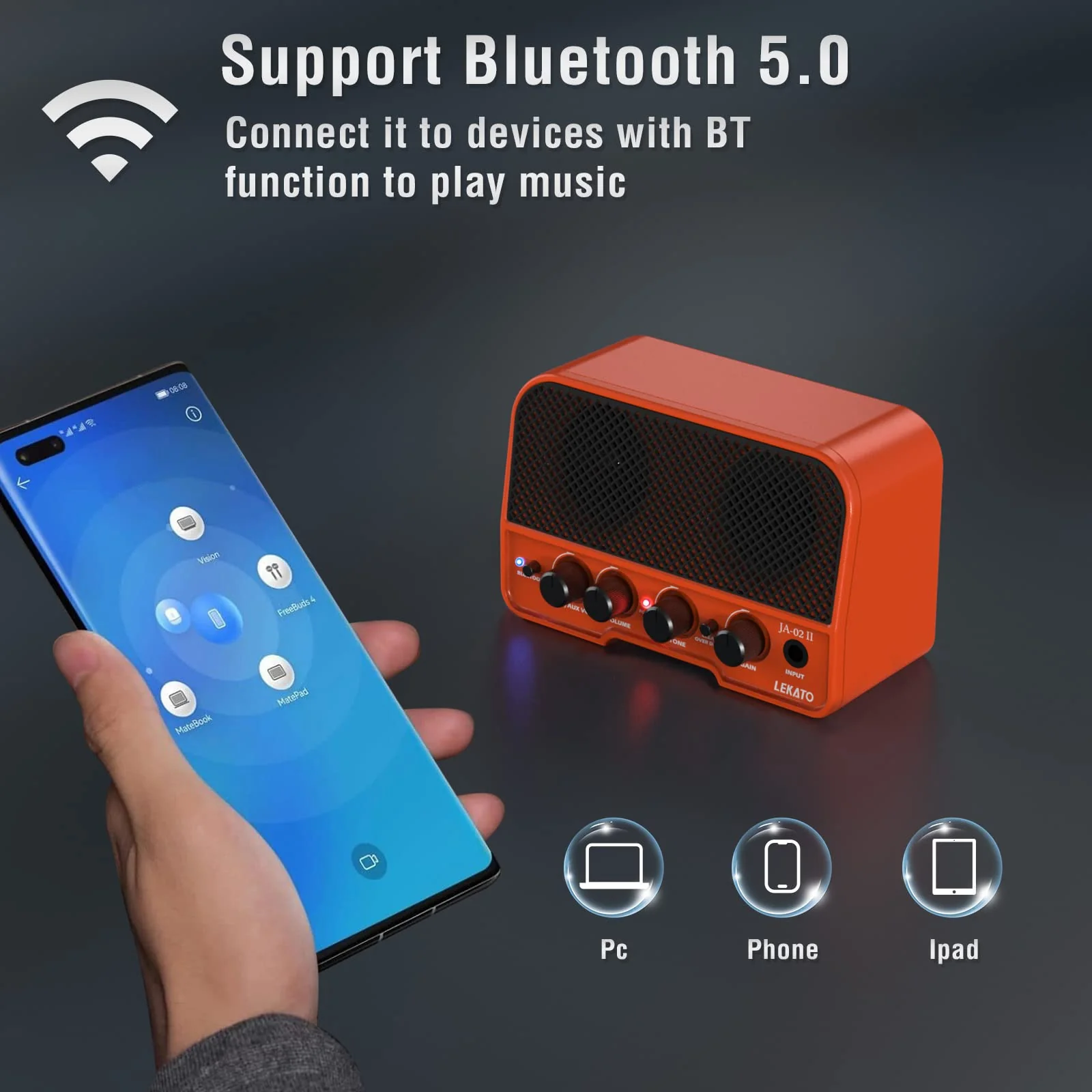 LEKATO Mini Guitar Amp, 5W Rechargeable Electric Amplifier, Clean&Overdrive Effects Bluetooth Guitar Amp Portable for Daily Practice,Orange Orange - Image 4
