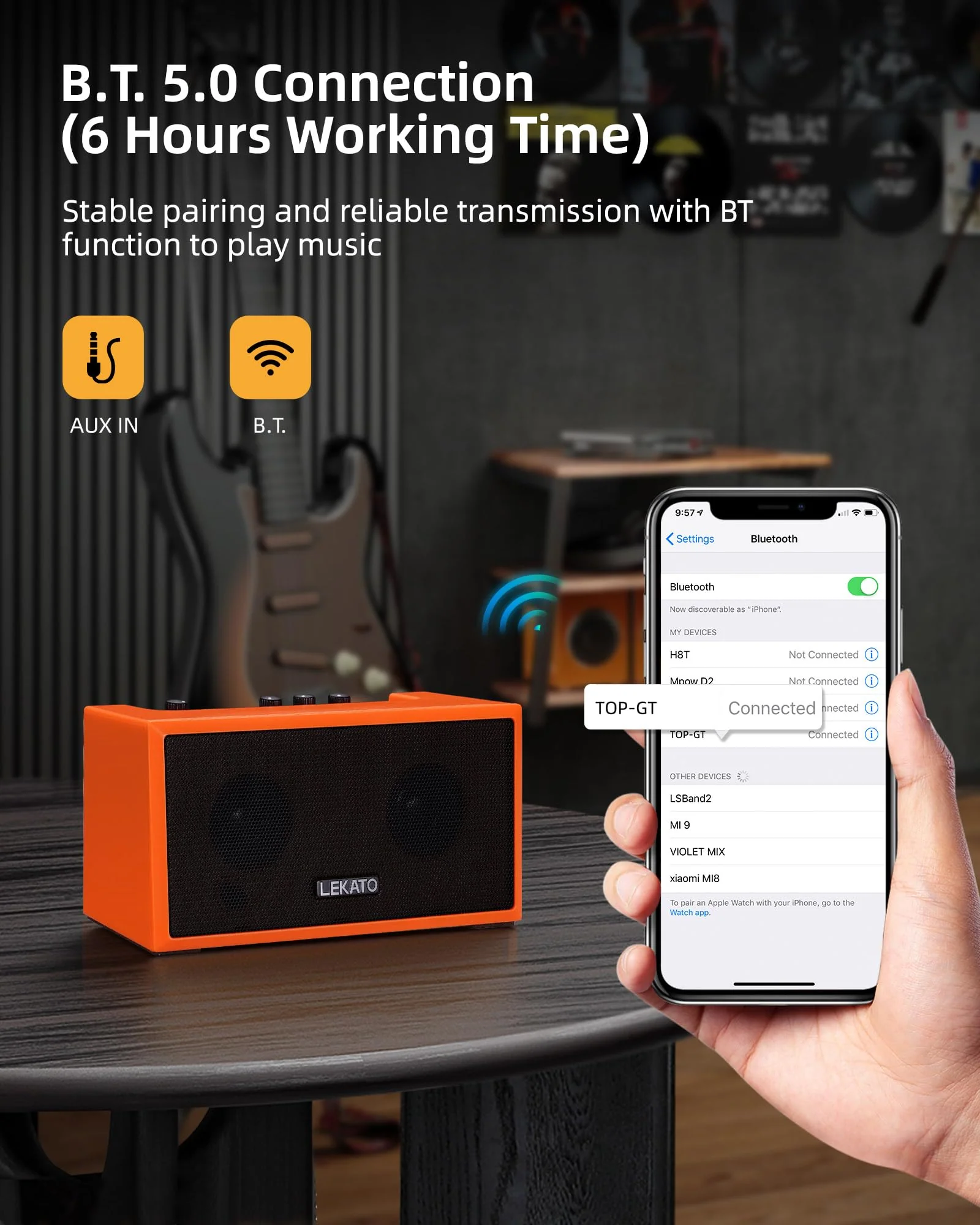LEKATO Mini Guitar Amplifier with Clean Overdrive Effects 5W Rchargeable Electric Guitar Amp Small Bass Amplifier Bluetooth Bass Amplifier for Daily Practice,Orange Orange - Image 4