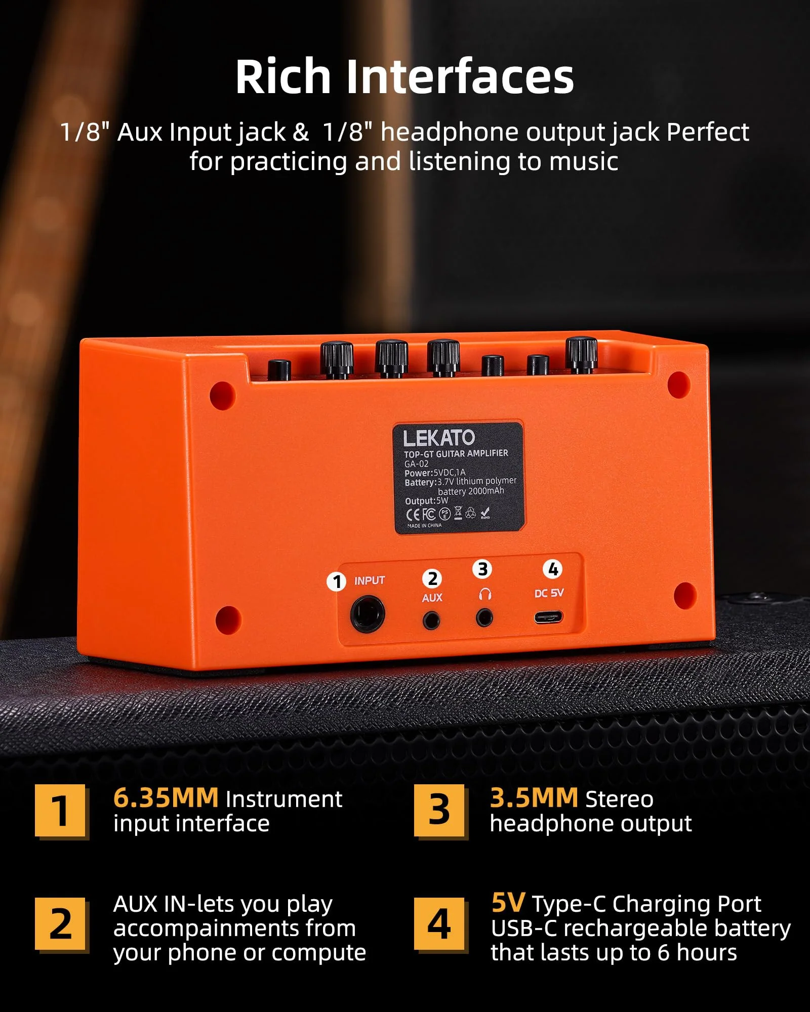 LEKATO Mini Guitar Amplifier with Clean Overdrive Effects 5W Rchargeable Electric Guitar Amp Small Bass Amplifier Bluetooth Bass Amplifier for Daily Practice,Orange Orange - Image 5