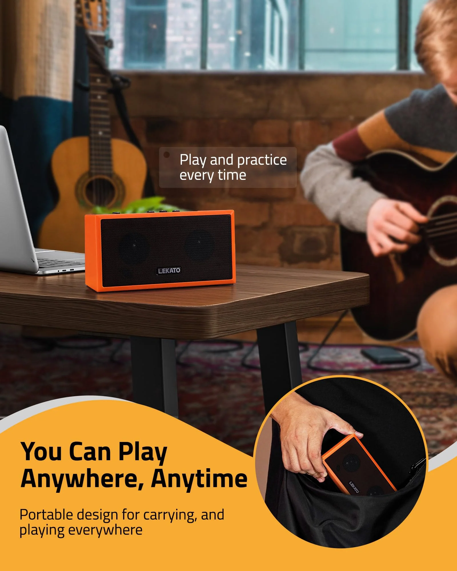 LEKATO Mini Guitar Amplifier with Clean Overdrive Effects 5W Rchargeable Electric Guitar Amp Small Bass Amplifier Bluetooth Bass Amplifier for Daily Practice,Orange Orange - Image 6
