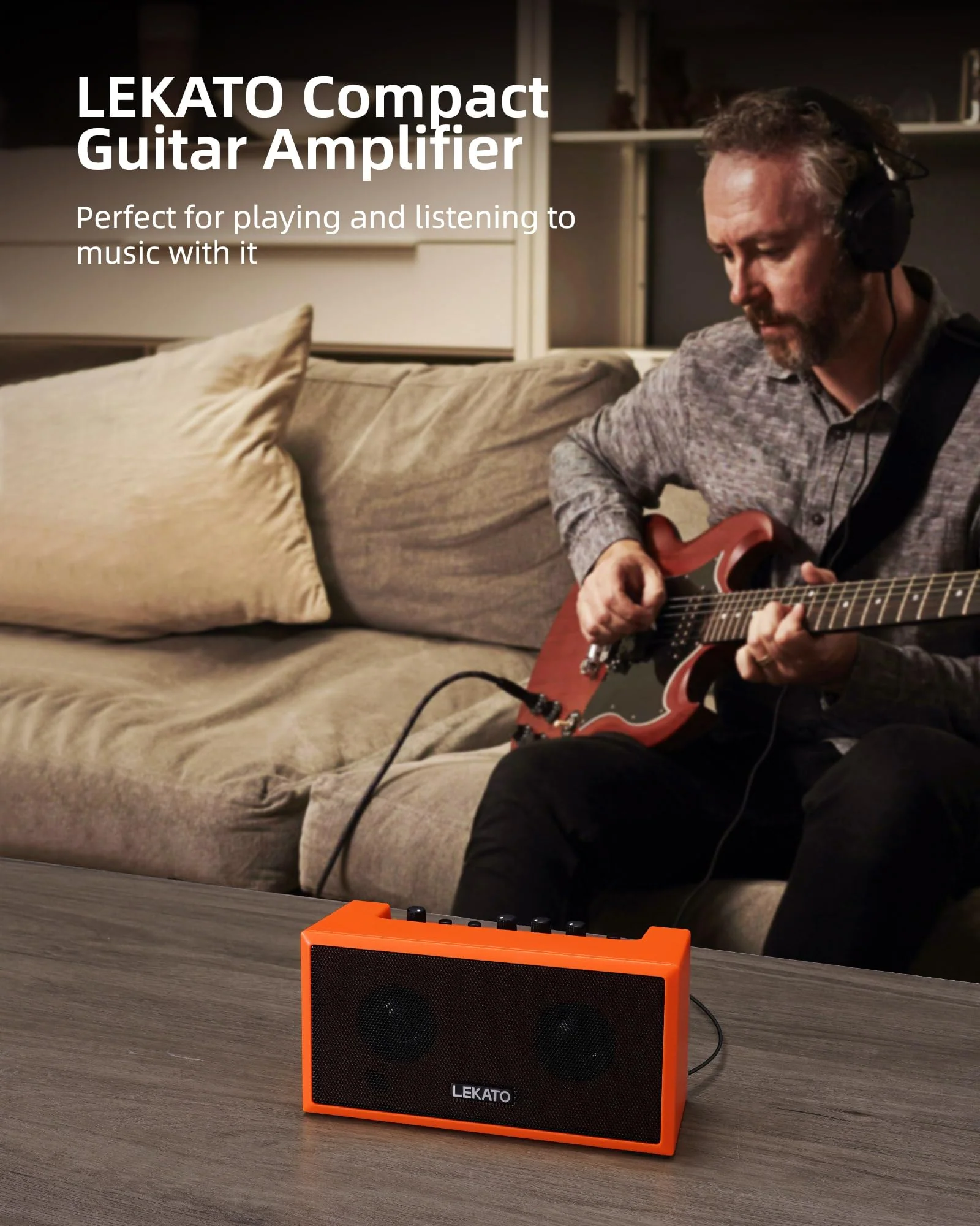 LEKATO Mini Guitar Amplifier with Clean Overdrive Effects 5W Rchargeable Electric Guitar Amp Small Bass Amplifier Bluetooth Bass Amplifier for Daily Practice,Orange Orange - Image 8