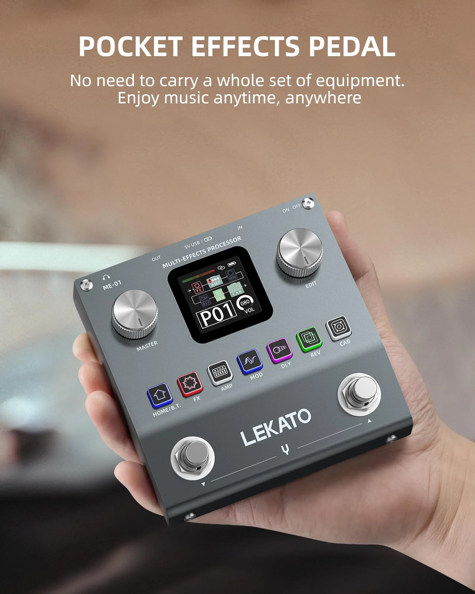 LEKATO Multi Effects Guitar Pedal, Electric Guitar Effects Pedal, Pocket Rechargeable Effects Processor with 6 Effects Modules, 80 Presets, 20 IRs, BT Audio, Headphone Output - Image 2