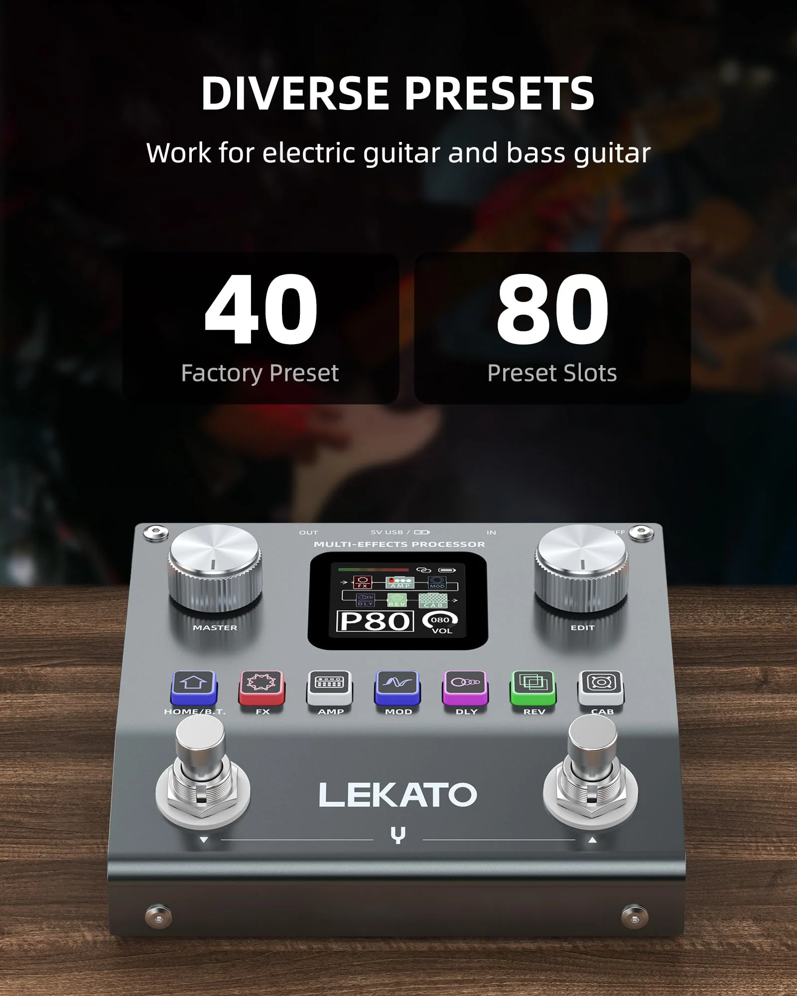 LEKATO Multi Effects Guitar Pedal, Electric Guitar Effects Pedal, Pocket Rechargeable Effects Processor with 6 Effects Modules, 80 Presets, 20 IRs, BT Audio, Headphone Output - Image 3