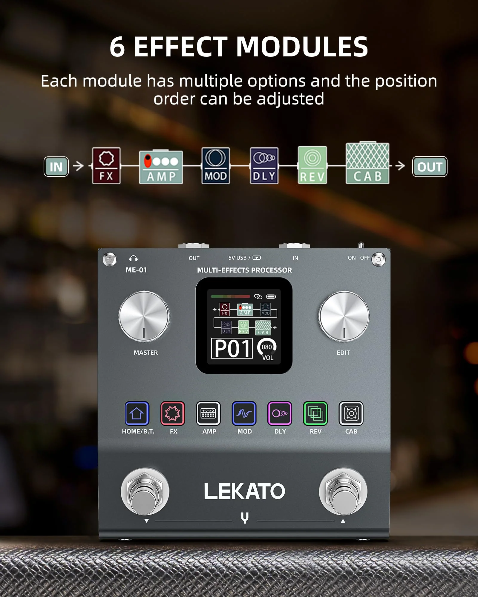 LEKATO Multi Effects Guitar Pedal, Electric Guitar Effects Pedal, Pocket Rechargeable Effects Processor with 6 Effects Modules, 80 Presets, 20 IRs, BT Audio, Headphone Output - Image 4