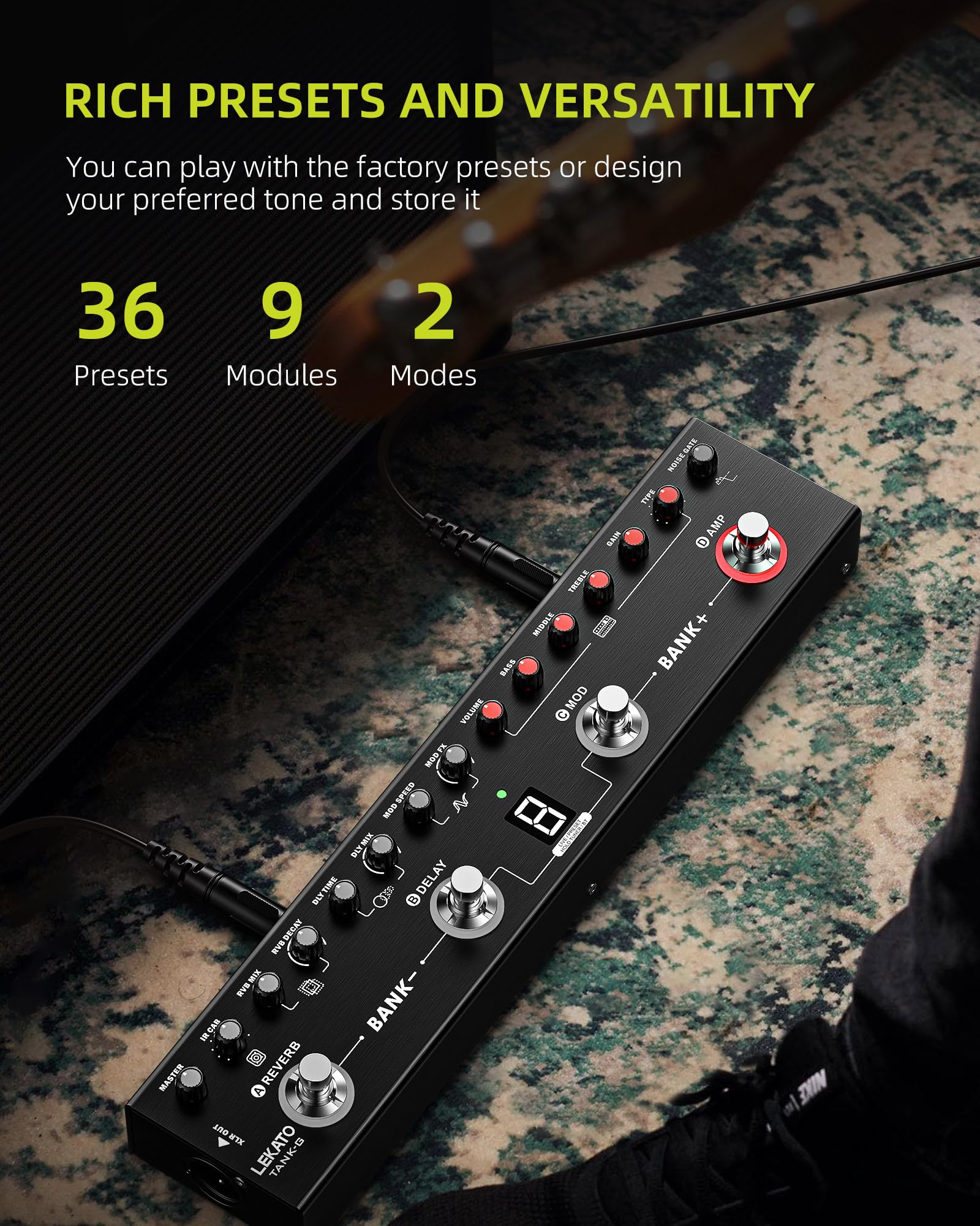 LEKATO Multi Effects Guitar Pedal, Guitar Effects Pedal with 36 Presets, Editable 4 Modules, Amp, Chorus, Delay, Reverb, IR CAB, Tuner, BT Connection, Music Recording For Electric Guitar - Image 2