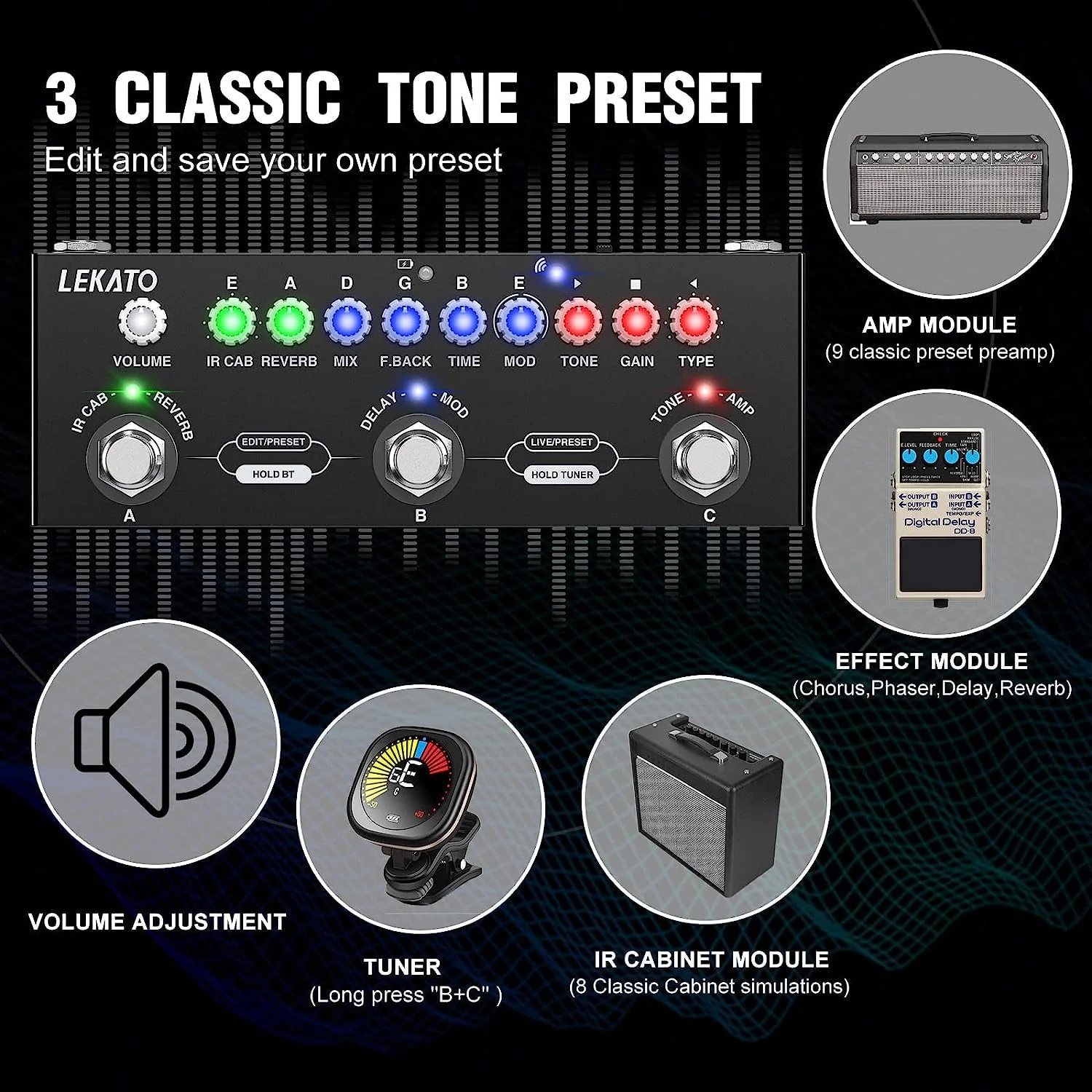 LEKATO Multi Effects Guitar Pedal, with IR Loading 9 AMP Models, Delay Reverb Distortion Overdrive Pedal, Rechargable Electric Guitar Effects Multi Pedal Support Recording,Bluetooth 5.0 For Electric Guitar - Image 2