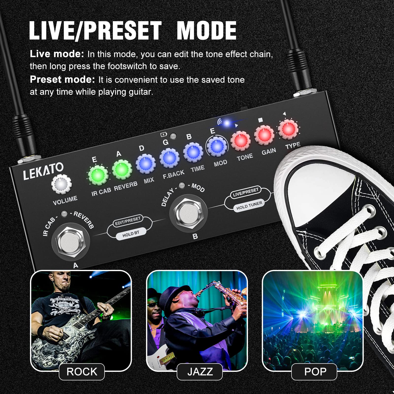 LEKATO Multi Effects Guitar Pedal, with IR Loading 9 AMP Models, Delay Reverb Distortion Overdrive Pedal, Rechargable Electric Guitar Effects Multi Pedal Support Recording,Bluetooth 5.0 For Electric Guitar - Image 4