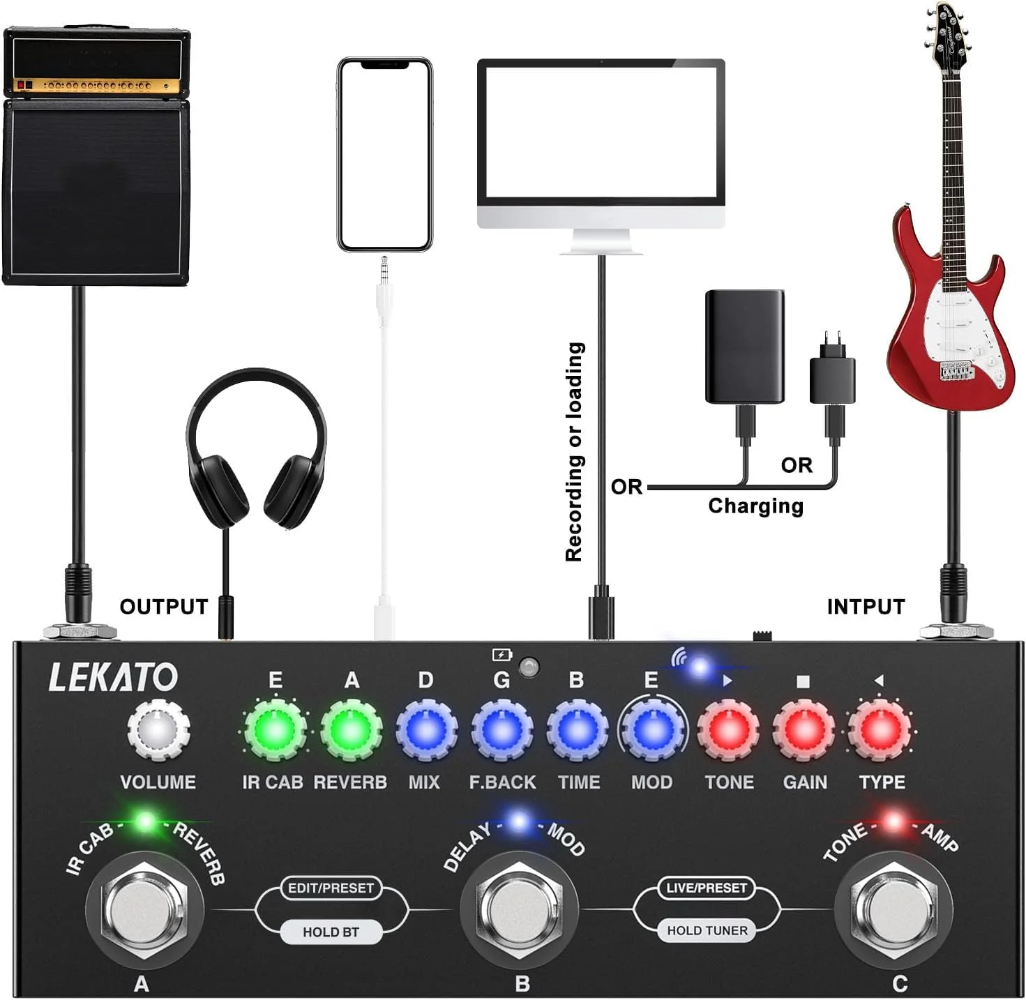 LEKATO Multi Effects Guitar Pedal, with IR Loading 9 AMP Models, Delay Reverb Distortion Overdrive Pedal, Rechargable Electric Guitar Effects Multi Pedal Support Recording,Bluetooth 5.0 For Electric Guitar - Image 6