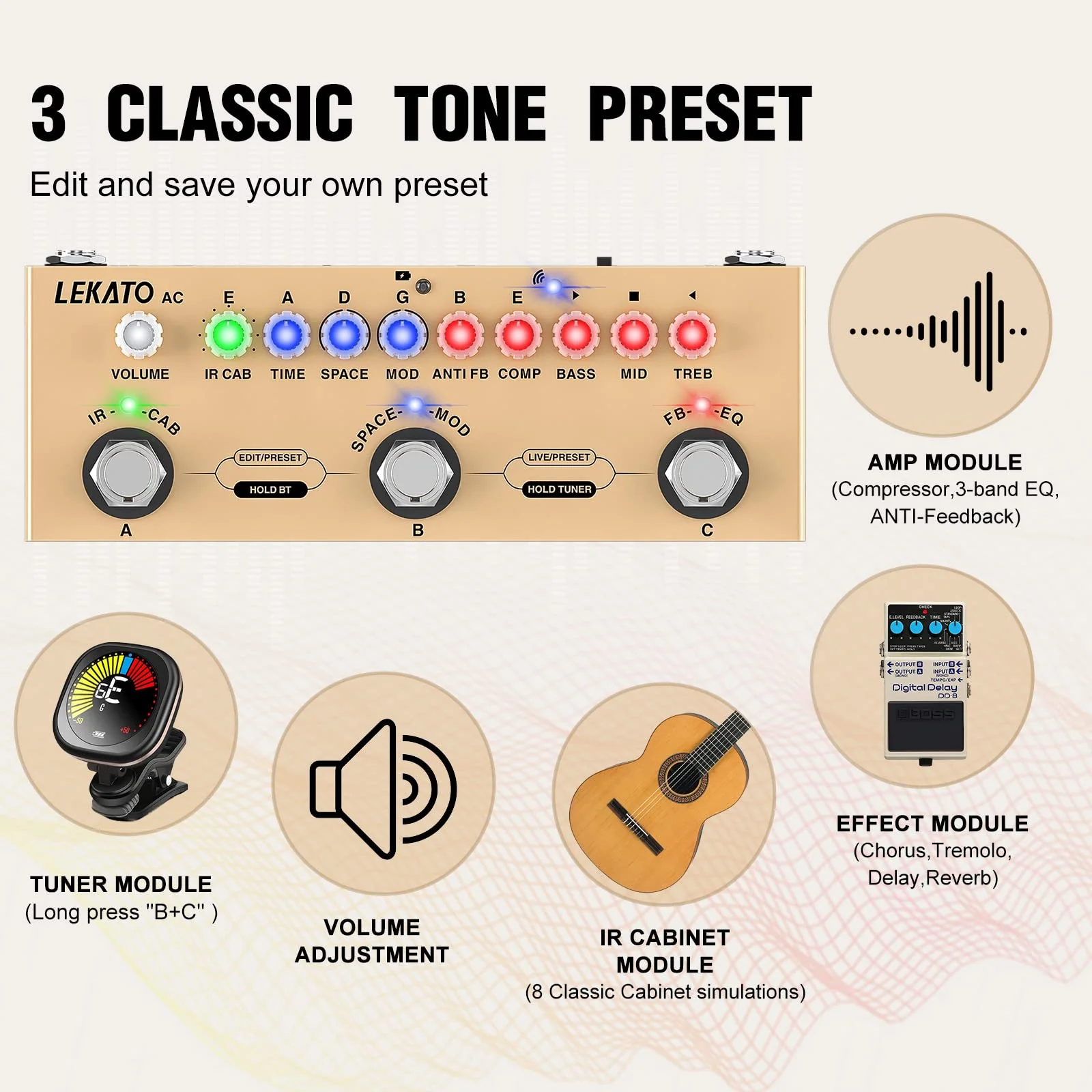 LEKATO Multi Effects Pedal for Acoustic Guitar, with IR Loading 9 AMP Models, Acoustic Multi Effects Processor, Bluetooth 5.0,Recording, Built-in Battery - Image 2
