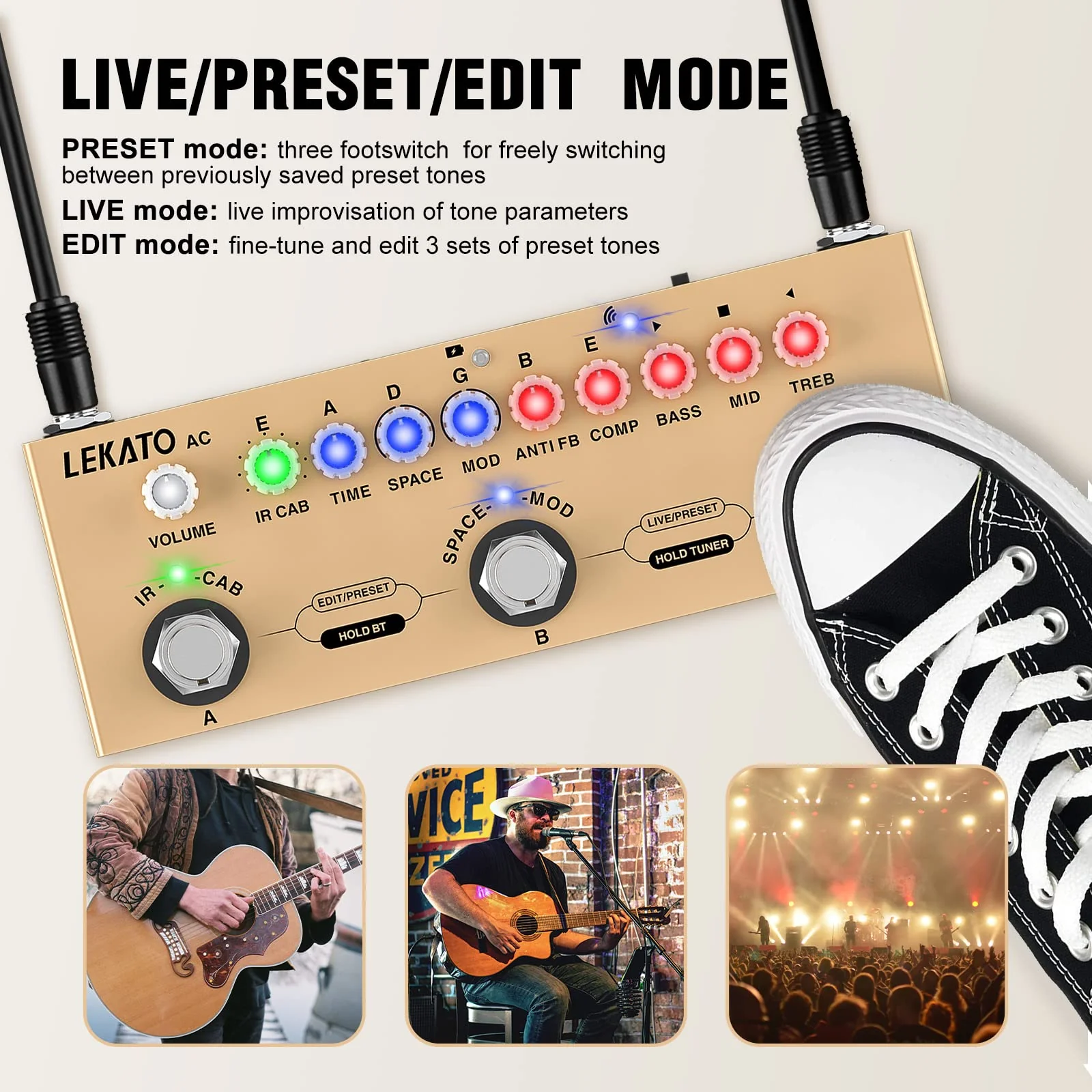 LEKATO Multi Effects Pedal for Acoustic Guitar, with IR Loading 9 AMP Models, Acoustic Multi Effects Processor, Bluetooth 5.0,Recording, Built-in Battery - Image 4