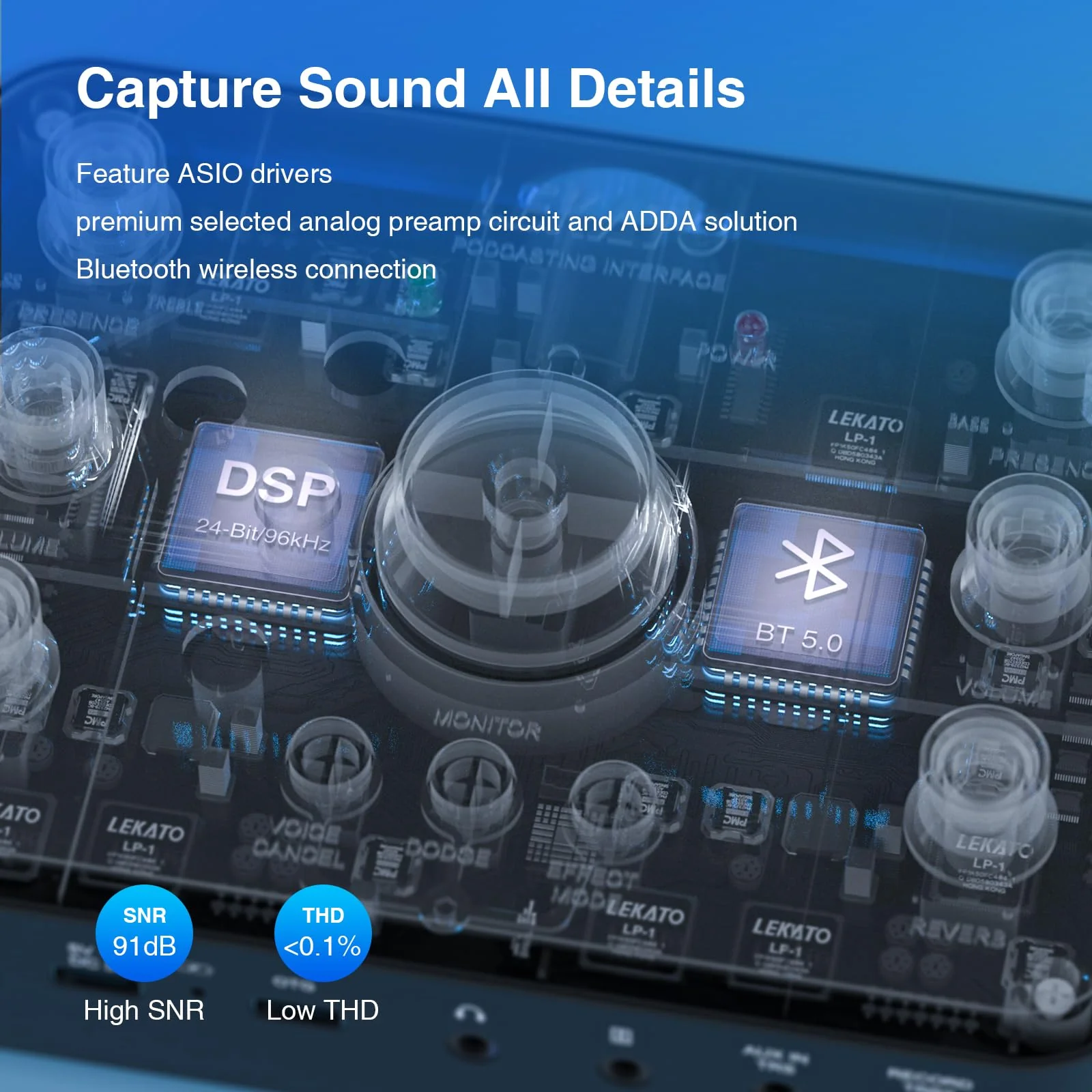 LEKATO Rechargeable Bluetooth Audio Interfaces, USB Audio Interface with XLR Mic, Hi-Z Line, 24bit/96kHz, 48V Phantom Power for Gaming Vocal Streaming Podcast Recording - Image 2