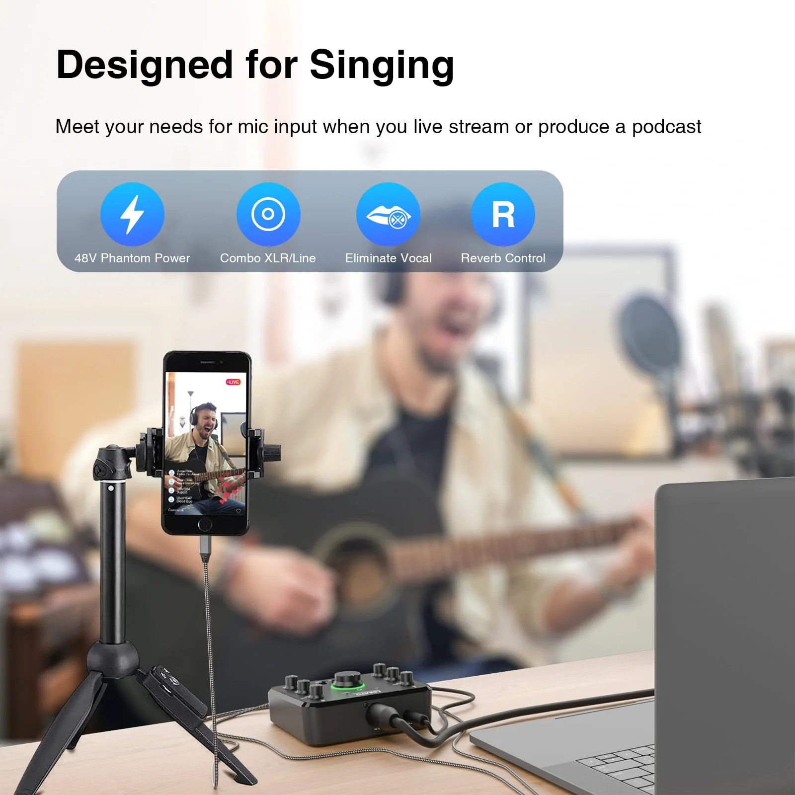 LEKATO Rechargeable Bluetooth Audio Interfaces, USB Audio Interface with XLR Mic, Hi-Z Line, 24bit/96kHz, 48V Phantom Power for Gaming Vocal Streaming Podcast Recording - Image 5