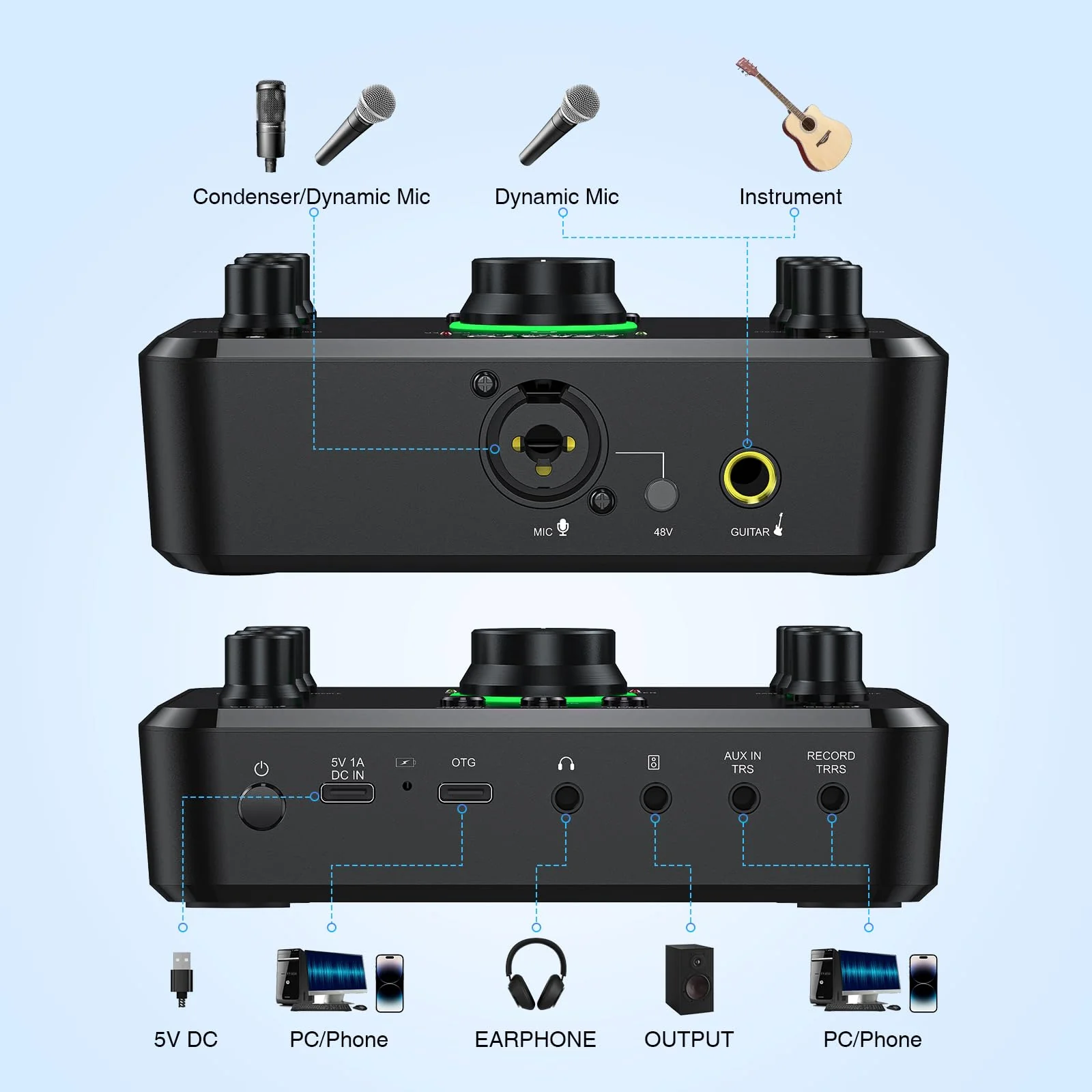 LEKATO Rechargeable Bluetooth Audio Interfaces, USB Audio Interface with XLR Mic, Hi-Z Line, 24bit/96kHz, 48V Phantom Power for Gaming Vocal Streaming Podcast Recording - Image 8
