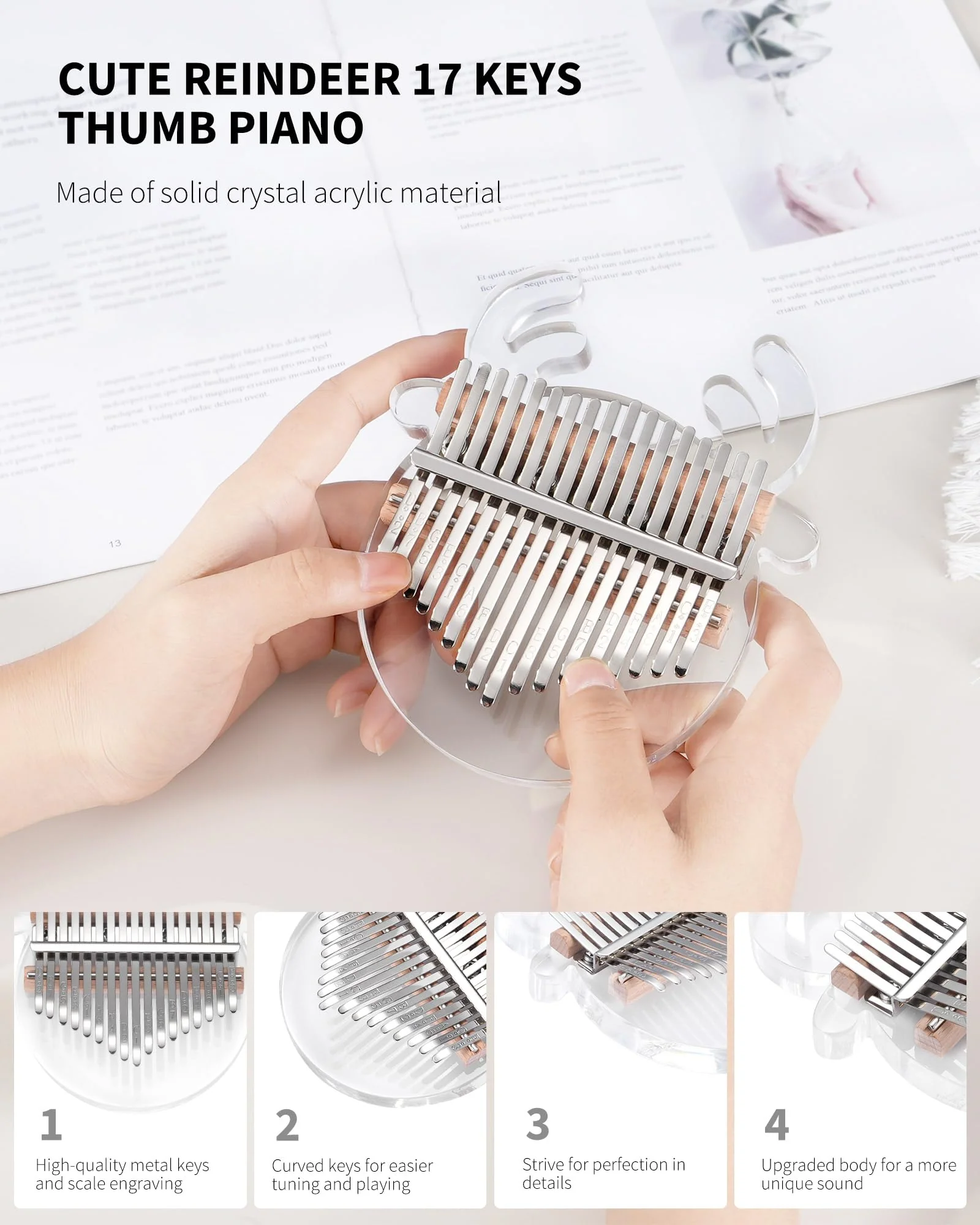 LEKATO Reindeer Kalimba Thumb Piano 17 keys, Portable Crystal Acrylic Mbira Finger Piano Kits, Perfect for Kid Adults Beginners, Home & Travel 17 Keys Crystal - Image 2