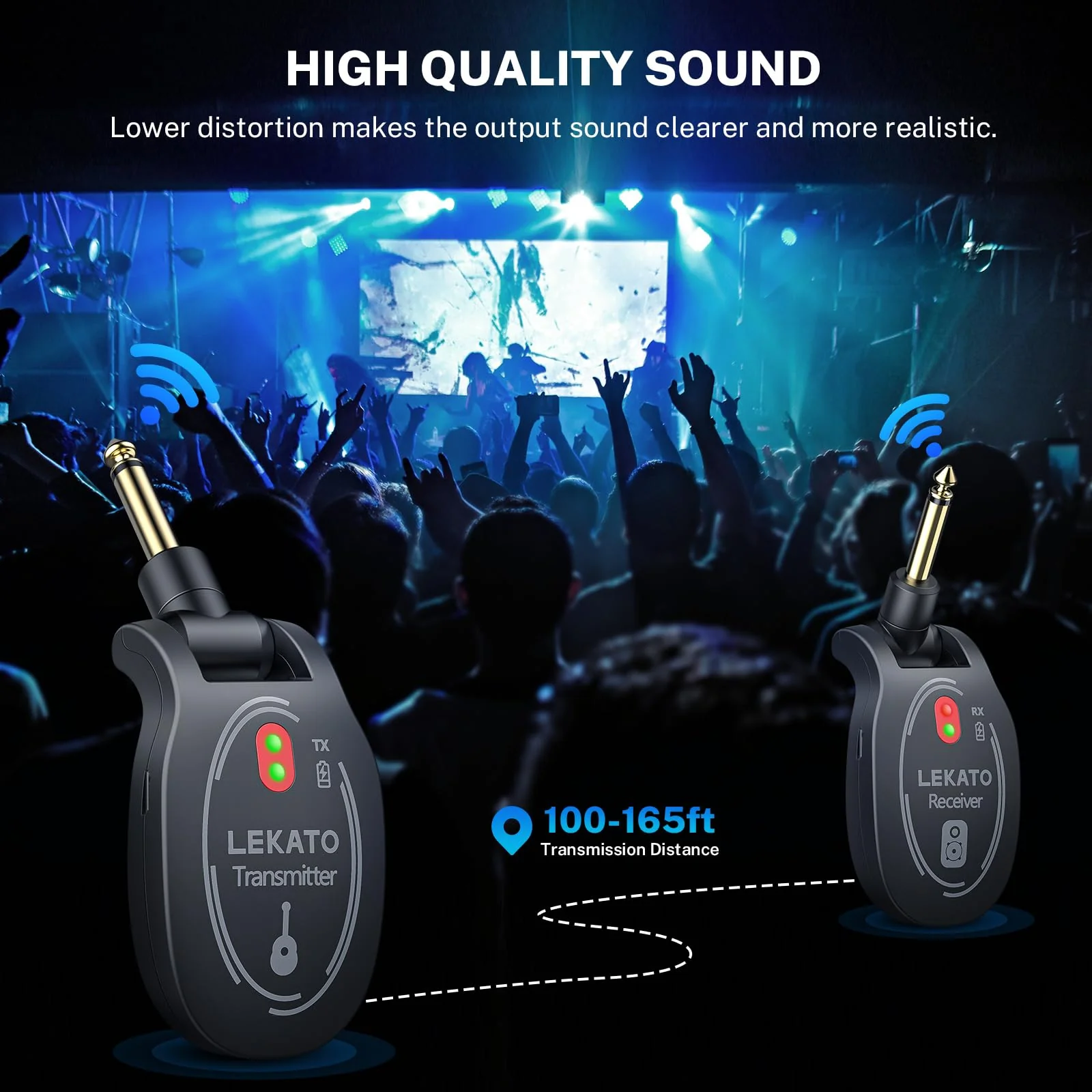 LEKATO UHF Wireless Guitar System Rechargeable, Wireless Transmitter Receiver 4 Channels 165ft tansmisiion Low Latency Guitar Wireless System,Black - Image 2