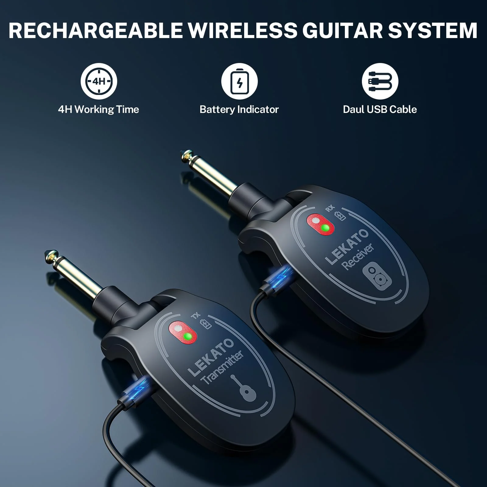 LEKATO UHF Wireless Guitar System Rechargeable, Wireless Transmitter Receiver 4 Channels 165ft tansmisiion Low Latency Guitar Wireless System,Black - Image 4