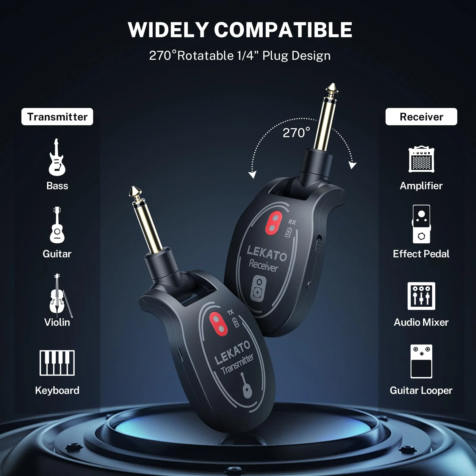 LEKATO UHF Wireless Guitar System Rechargeable, Wireless Transmitter Receiver 4 Channels 165ft tansmisiion Low Latency Guitar Wireless System,Black - Image 5