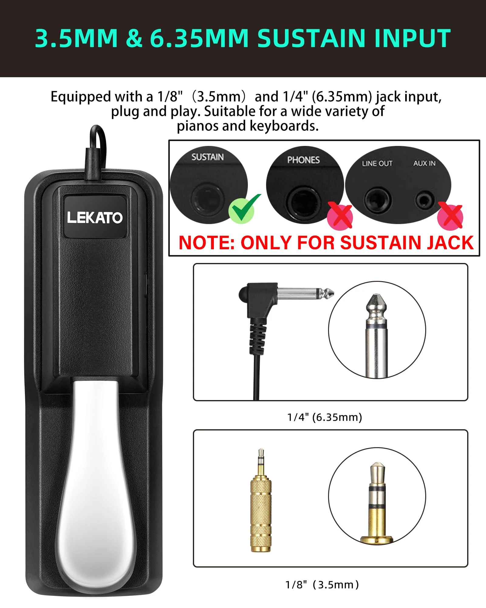 LEKATO Universal Sustain Pedal for Keyboard with Polarity Switch, 1/4'' 6.35mm TS Plug with 1/8" 3.5mm TRS Adapter, Fit for Digital Piano Electric Keyboards Midi Synthesizer 6.35MM Plug & 3.5MM Adpater - Image 2