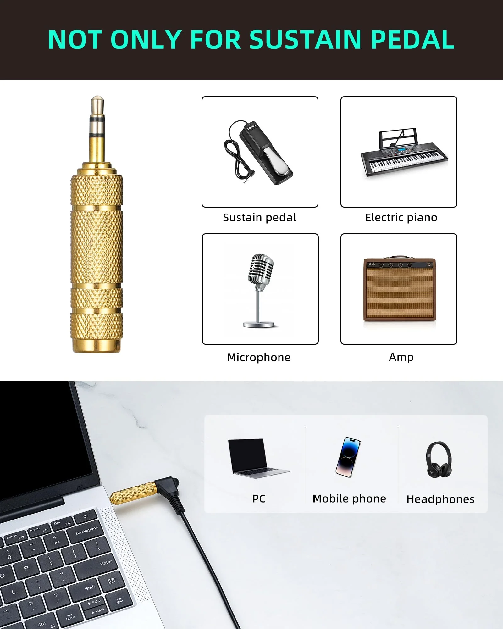 LEKATO Universal Sustain Pedal for Keyboard with Polarity Switch, 1/4'' 6.35mm TS Plug with 1/8" 3.5mm TRS Adapter, Fit for Digital Piano Electric Keyboards Midi Synthesizer 6.35MM Plug & 3.5MM Adpater - Image 5