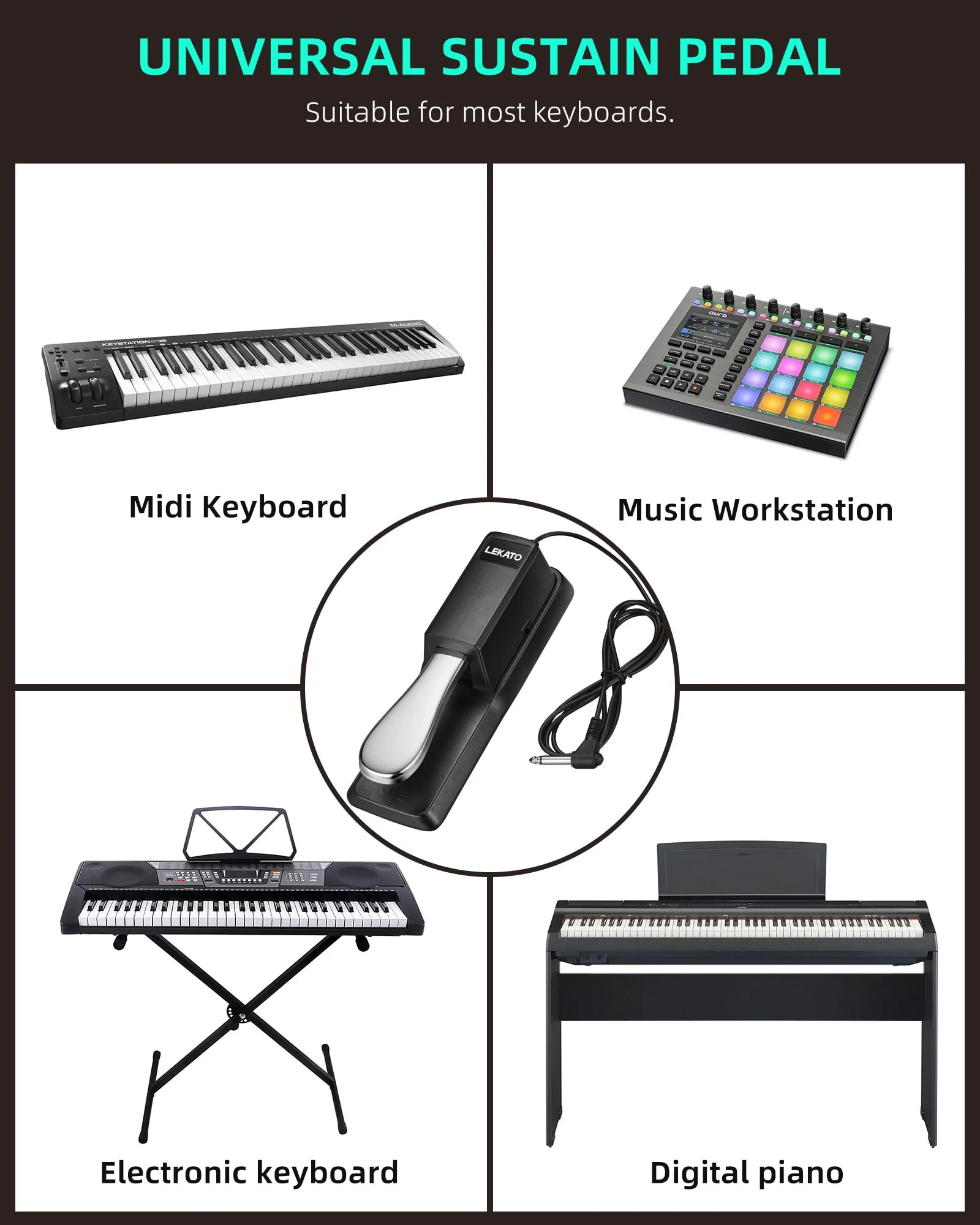 LEKATO Universal Sustain Pedal for Keyboard with Polarity Switch, 1/4'' 6.35mm TS Plug with 1/8" 3.5mm TRS Adapter, Fit for Digital Piano Electric Keyboards Midi Synthesizer 6.35MM Plug & 3.5MM Adpater - Image 6