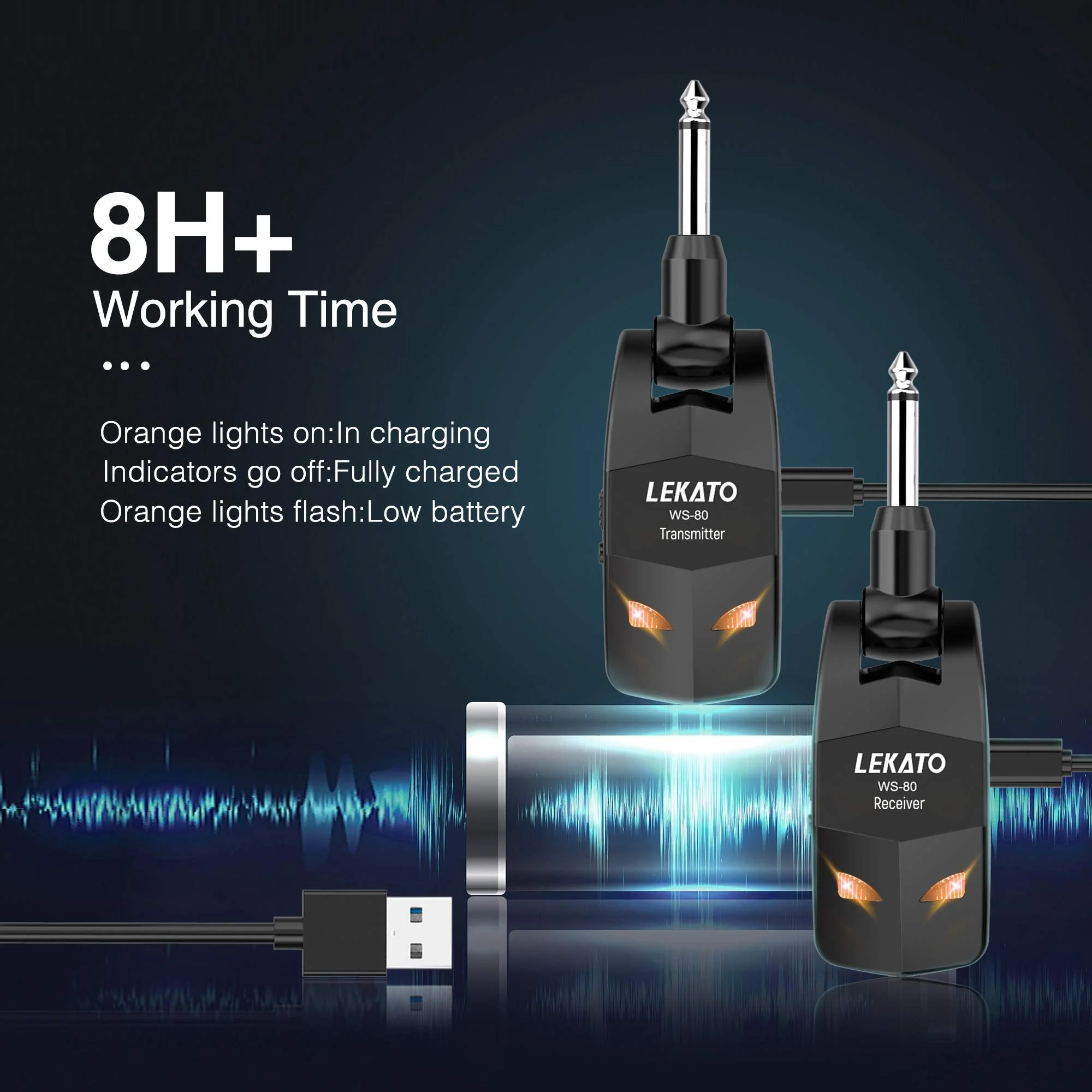 LEKATO Wireless Guitar System 2.4GHz Audio Guitar Transmitter Receiver with 4 Channels Rechargeable Guitar Wireless System for Guitar Bass Electric Instruments Practise/Performance(WS-80) - Image 2