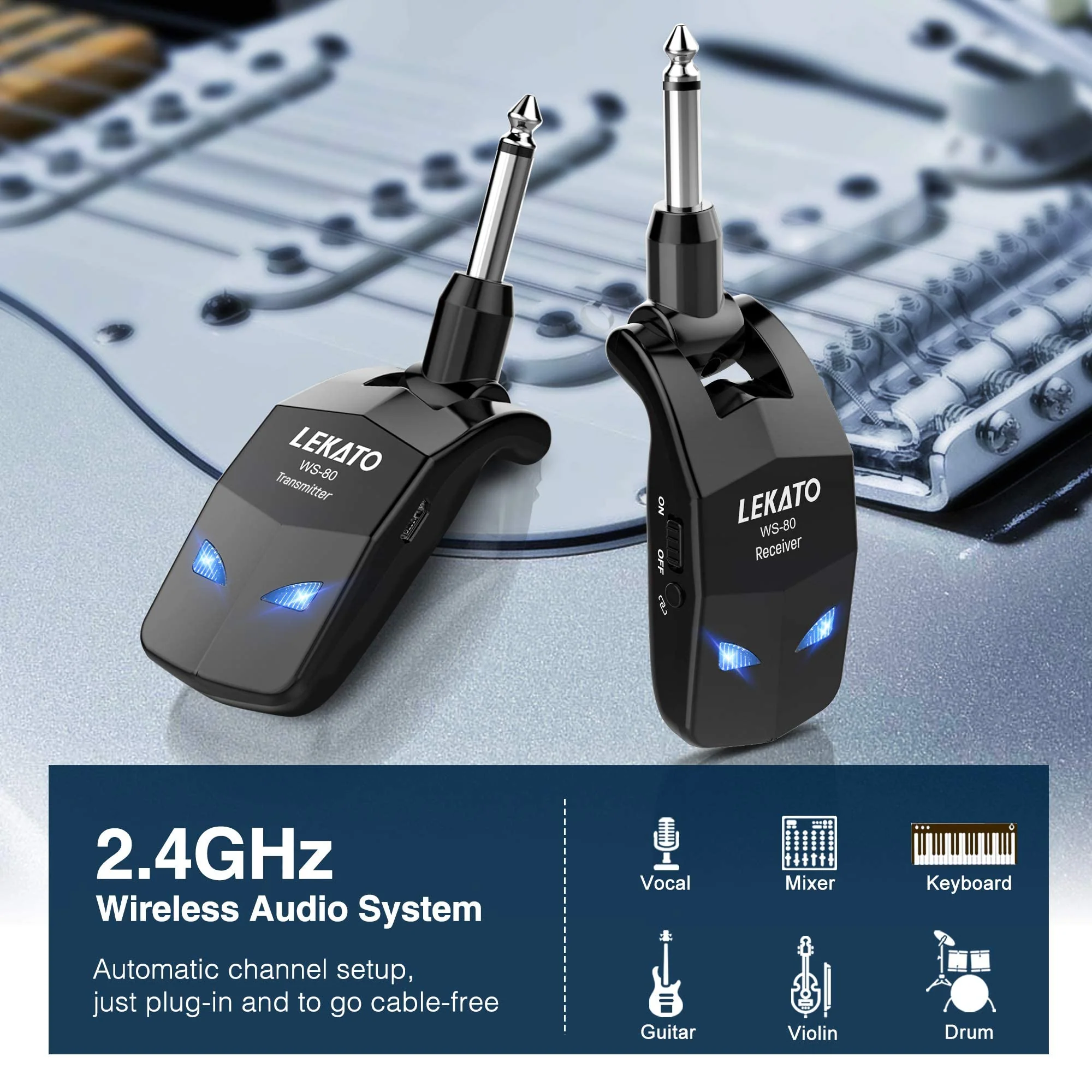LEKATO Wireless Guitar System 2.4GHz Audio Guitar Transmitter Receiver with 4 Channels Rechargeable Guitar Wireless System for Guitar Bass Electric Instruments Practise/Performance(WS-80) - Image 4