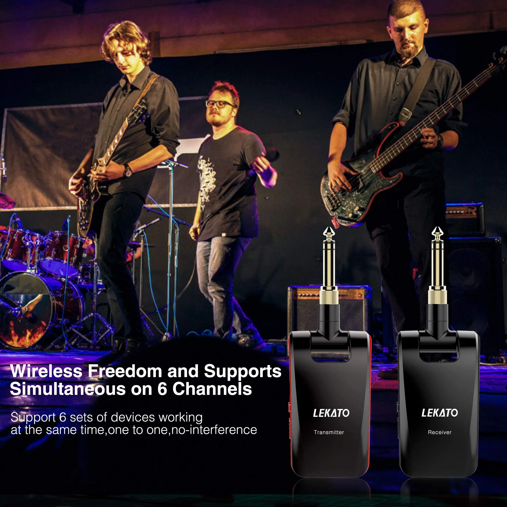 LEKATO Wireless Guitar System 2.4GHz Rechargeable Audio Wireless Transmitter Receiver 6 Channels for Guitar Bass Electric Instruments, Stereo and Mono 1/4” & 1/8” 2 in 1 Plugs,Black(WS-60) black - Image 5