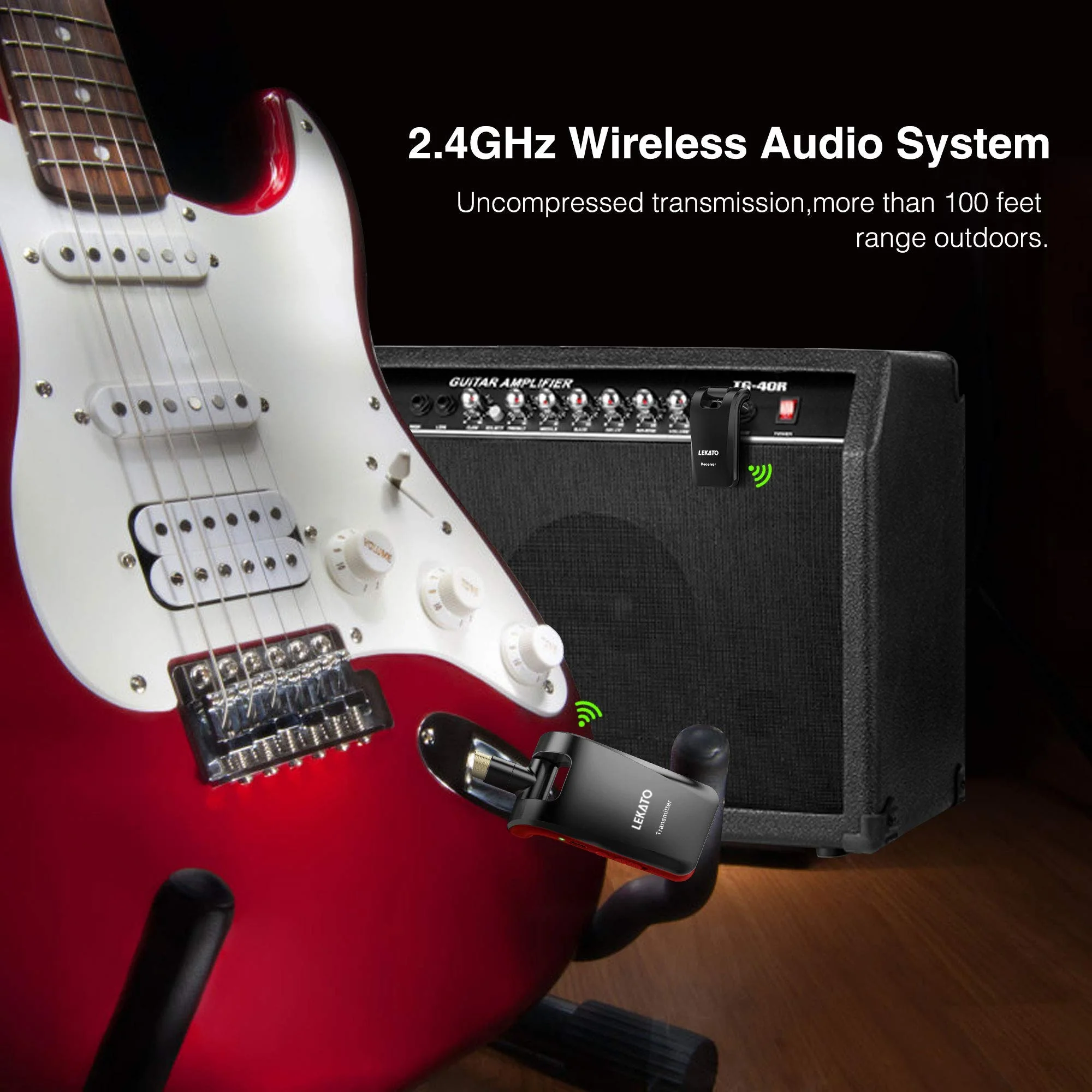 LEKATO Wireless Guitar System 2.4GHz Rechargeable Audio Wireless Transmitter Receiver 6 Channels for Guitar Bass Electric Instruments, Stereo and Mono 1/4” & 1/8” 2 in 1 Plugs,Black(WS-60) black - Image 7