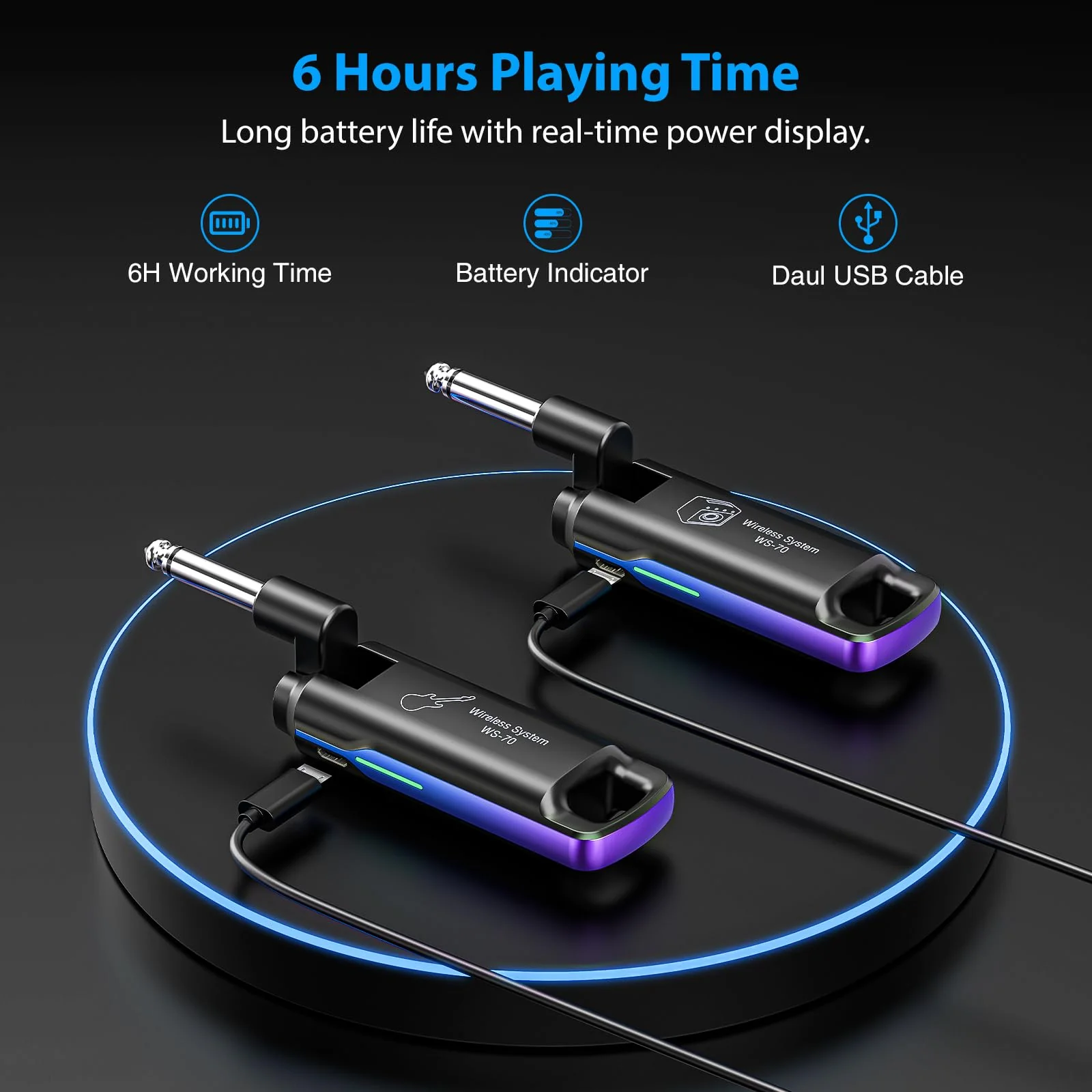 LEKATO Wireless Guitar System UHF Wireless Guitar Transmitter Receiver Rechargeable Audio Wireless Guitar Transmitter and Receiver with 70 Channels Wireless for Guitar Bass Electric Instruments (Blue) Blue - Image 4
