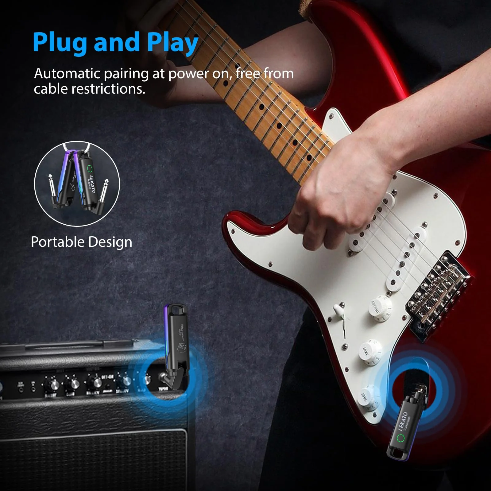 LEKATO Wireless Guitar System UHF Wireless Guitar Transmitter Receiver Rechargeable Audio Wireless Guitar Transmitter and Receiver with 70 Channels Wireless for Guitar Bass Electric Instruments (Blue) Blue - Image 6