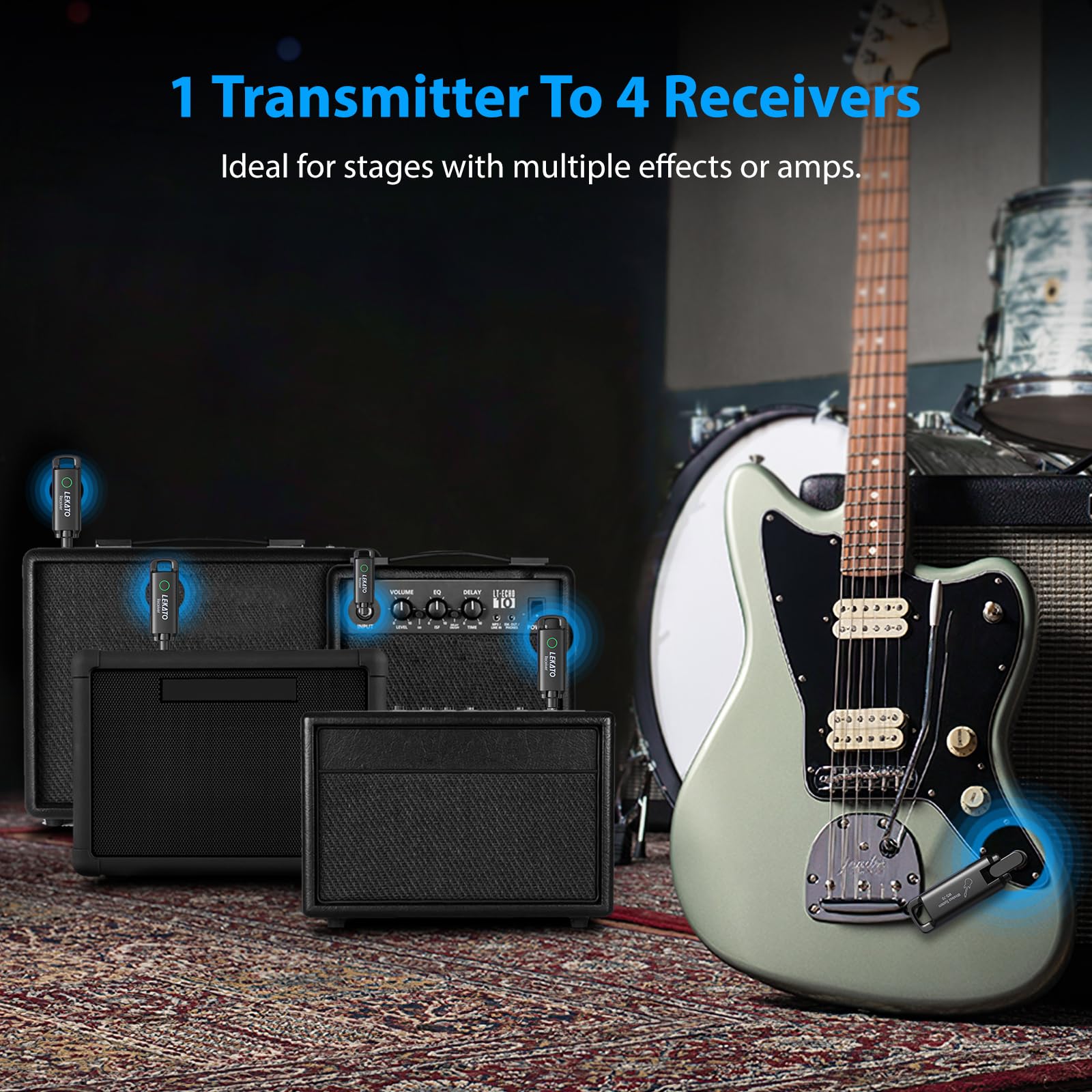 LEKATO Wireless Guitar System UHF Wireless Guitar Transmitter Receiver Rechargeable Audio Wireless Guitar Transmitter and Receiver with 70 Channels Wireless for Guitar Bass Electric Instruments (Blue) Blue - Image 7