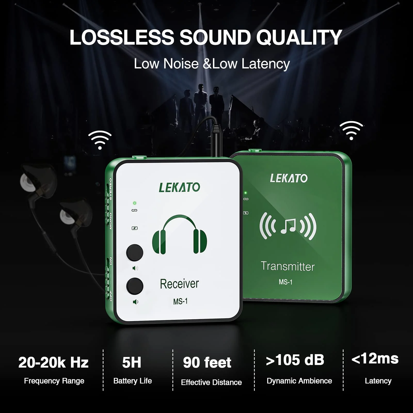 LEKATO Wireless in Ear Monitor System, 2.4G Stereo Wireless IEM System with Transmitter Beltpack Receiver Automatic Pairing, for Studio, Band Rehearsal, Live Performance,Green Green - Image 4