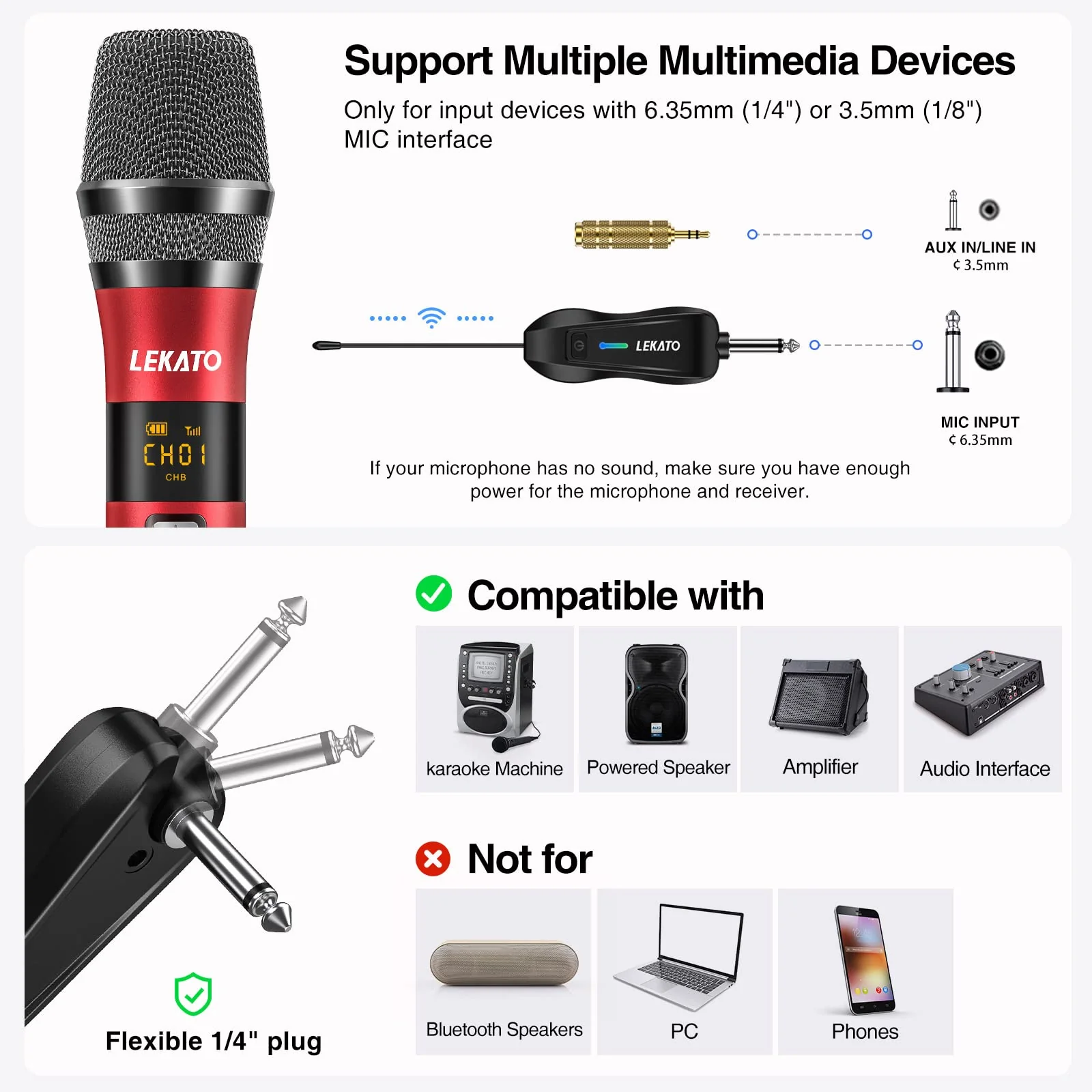 LEKATO Wireless Microphone Rechargeable Wireless Microphones with Receiver Dual Handheld Microphone System Dynamic MIC for Singing, Speech, Wedding, Church,Speaker, PA System Black&Red - Image 7