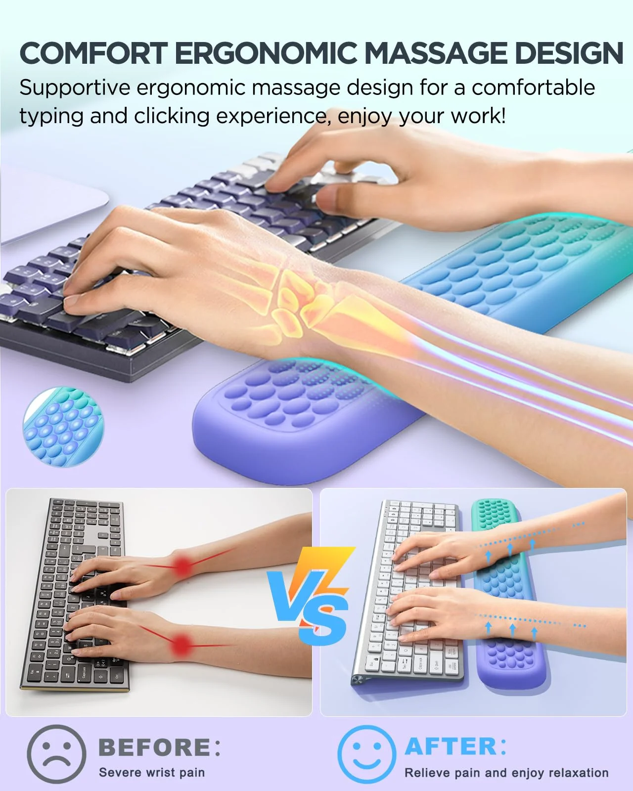 Lekvey Wrist Rest for Computer Keyboard, Keyboard Wrist Rest - Silky Memory Foam Wrist Rest for Keyboard and Mouse, Wrist Pad for Keyboard, Typing Pain Relief Wrist Support for Keyboard, Green Purple - Image 3
