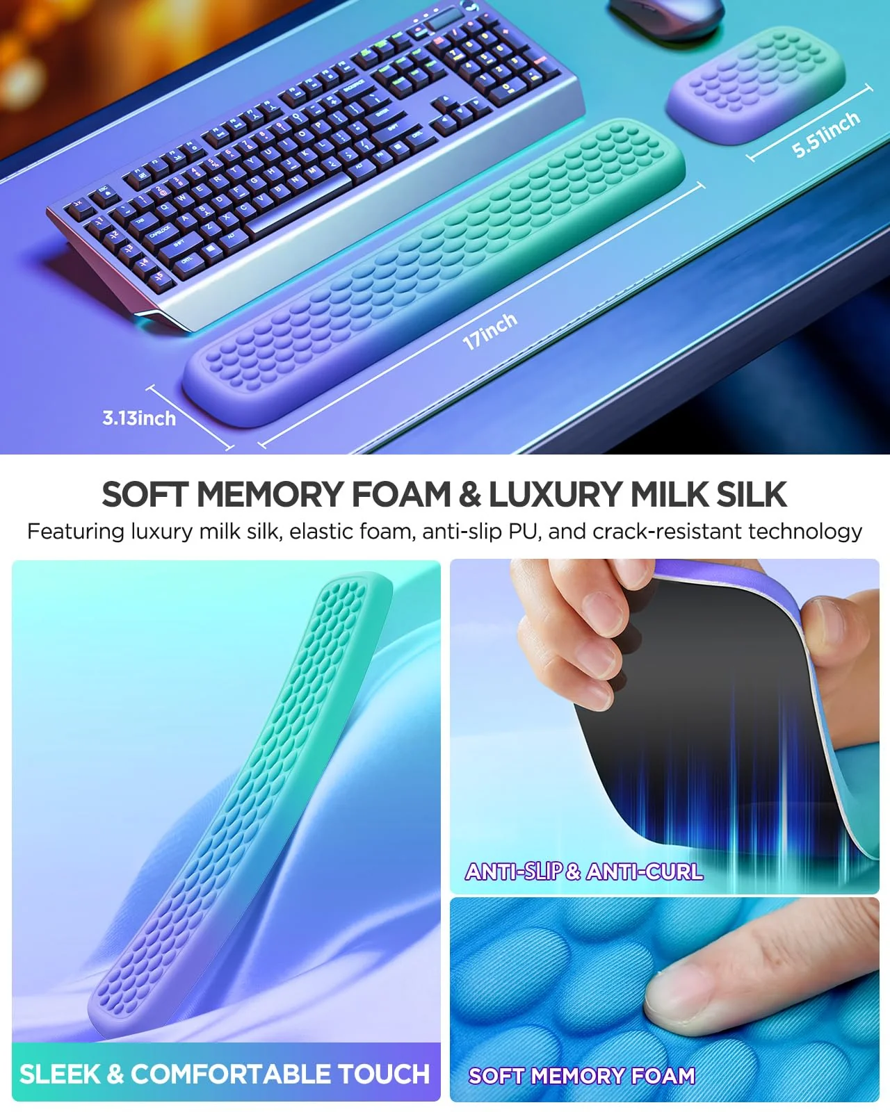 Lekvey Wrist Rest for Computer Keyboard, Keyboard Wrist Rest - Silky Memory Foam Wrist Rest for Keyboard and Mouse, Wrist Pad for Keyboard, Typing Pain Relief Wrist Support for Keyboard, Green Purple - Image 4