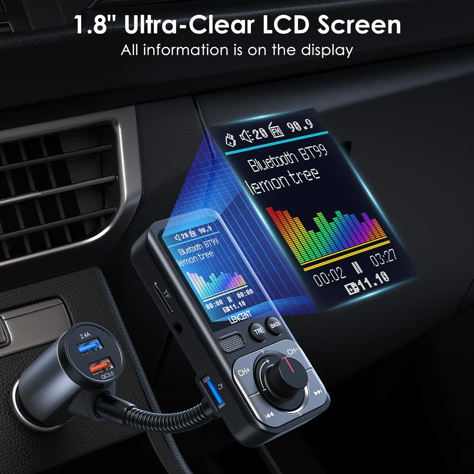 LENCENT Bluetooth 5.0 FM Transmitter for Car, AUX Car Radio Adapter, Big Color Screen, MP3 Music Player TRE&BASS Booster, QC3.0 Fast Charger, Wireless Microphone Support Hands-Free Siri Google TF Card - Image 3