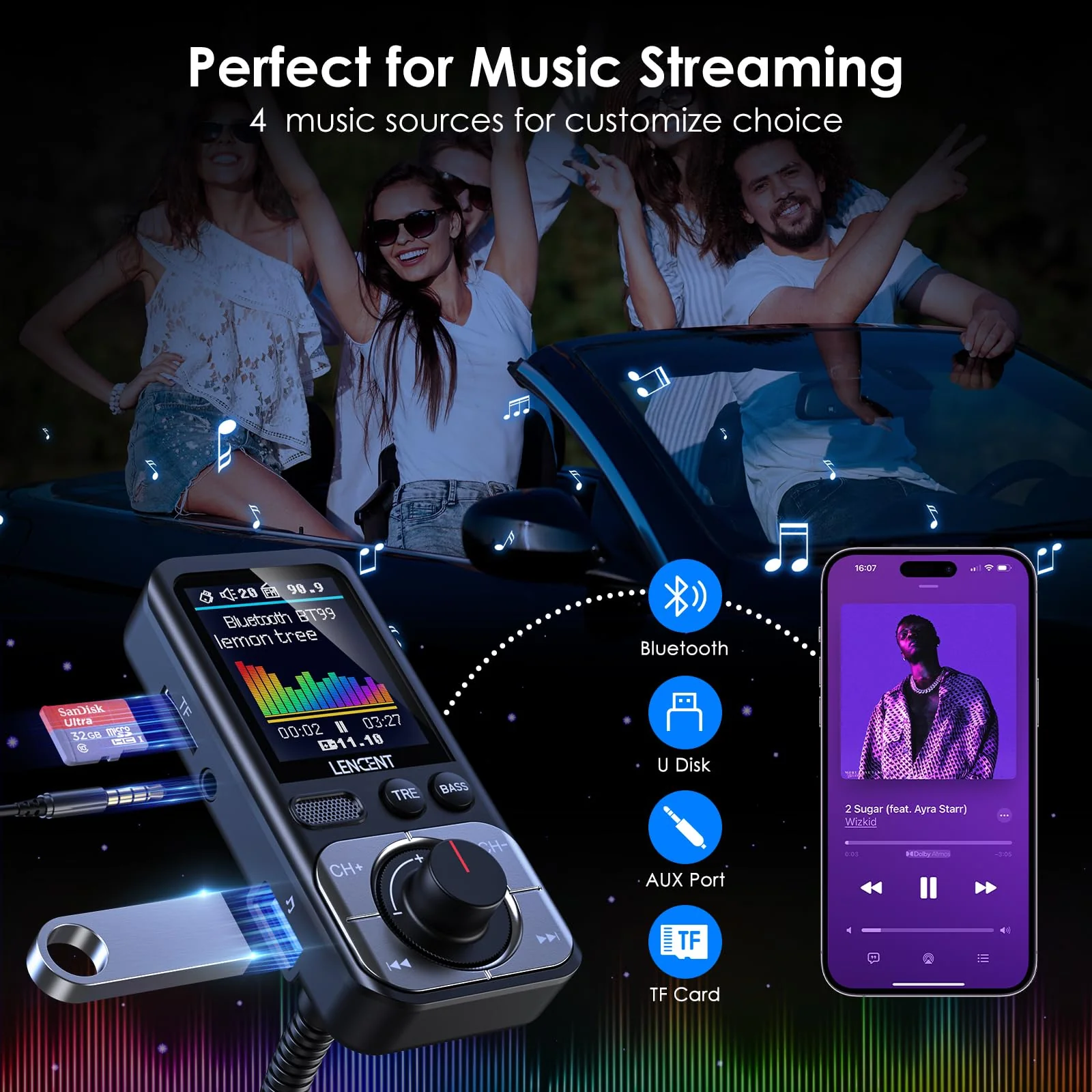 LENCENT Bluetooth 5.0 FM Transmitter for Car, AUX Car Radio Adapter, Big Color Screen, MP3 Music Player TRE&BASS Booster, QC3.0 Fast Charger, Wireless Microphone Support Hands-Free Siri Google TF Card - Image 6