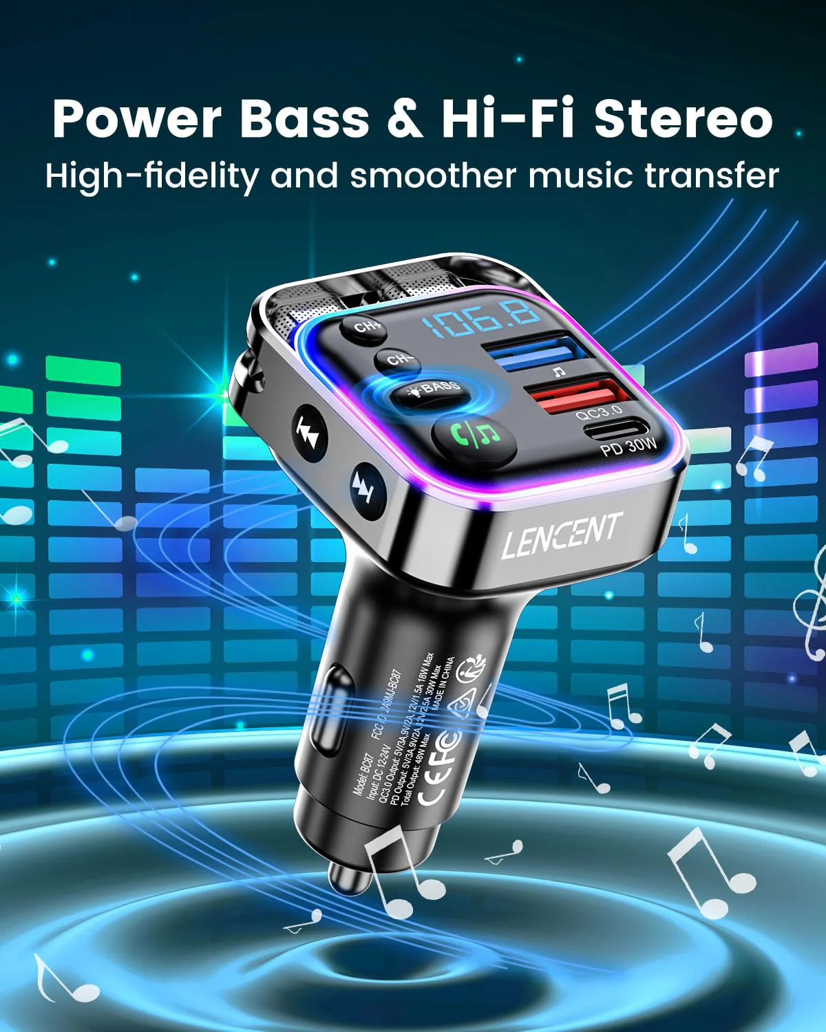 LENCENT Bluetooth 5.3 FM Transmitter Car Adapter 48W (PD30W & QC18W) Fast Charger, Light Switch, HiFi Bass Sound Audio Receiver Wireless Radio MP3 Music Player, Hands-Free Calling, Support USB Drive - Image 3
