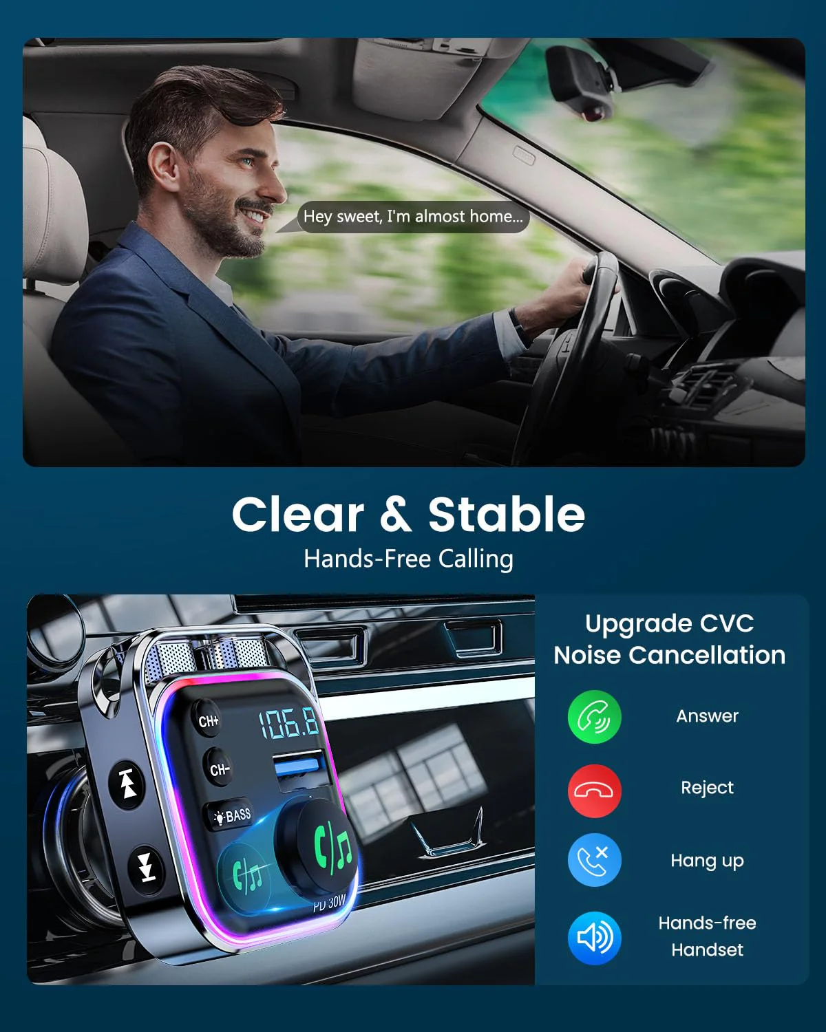 LENCENT Bluetooth 5.3 FM Transmitter Car Adapter 48W (PD30W & QC18W) Fast Charger, Light Switch, HiFi Bass Sound Audio Receiver Wireless Radio MP3 Music Player, Hands-Free Calling, Support USB Drive - Image 4