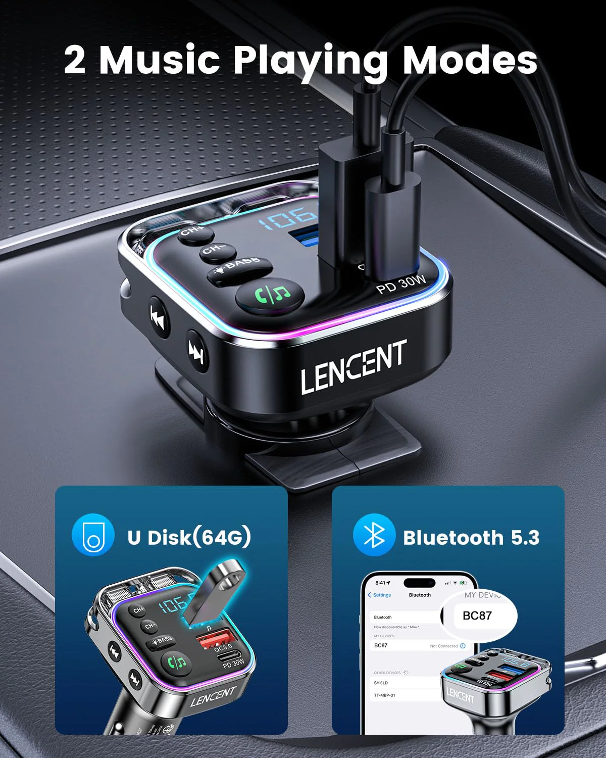 LENCENT Bluetooth 5.3 FM Transmitter Car Adapter 48W (PD30W & QC18W) Fast Charger, Light Switch, HiFi Bass Sound Audio Receiver Wireless Radio MP3 Music Player, Hands-Free Calling, Support USB Drive - Image 7