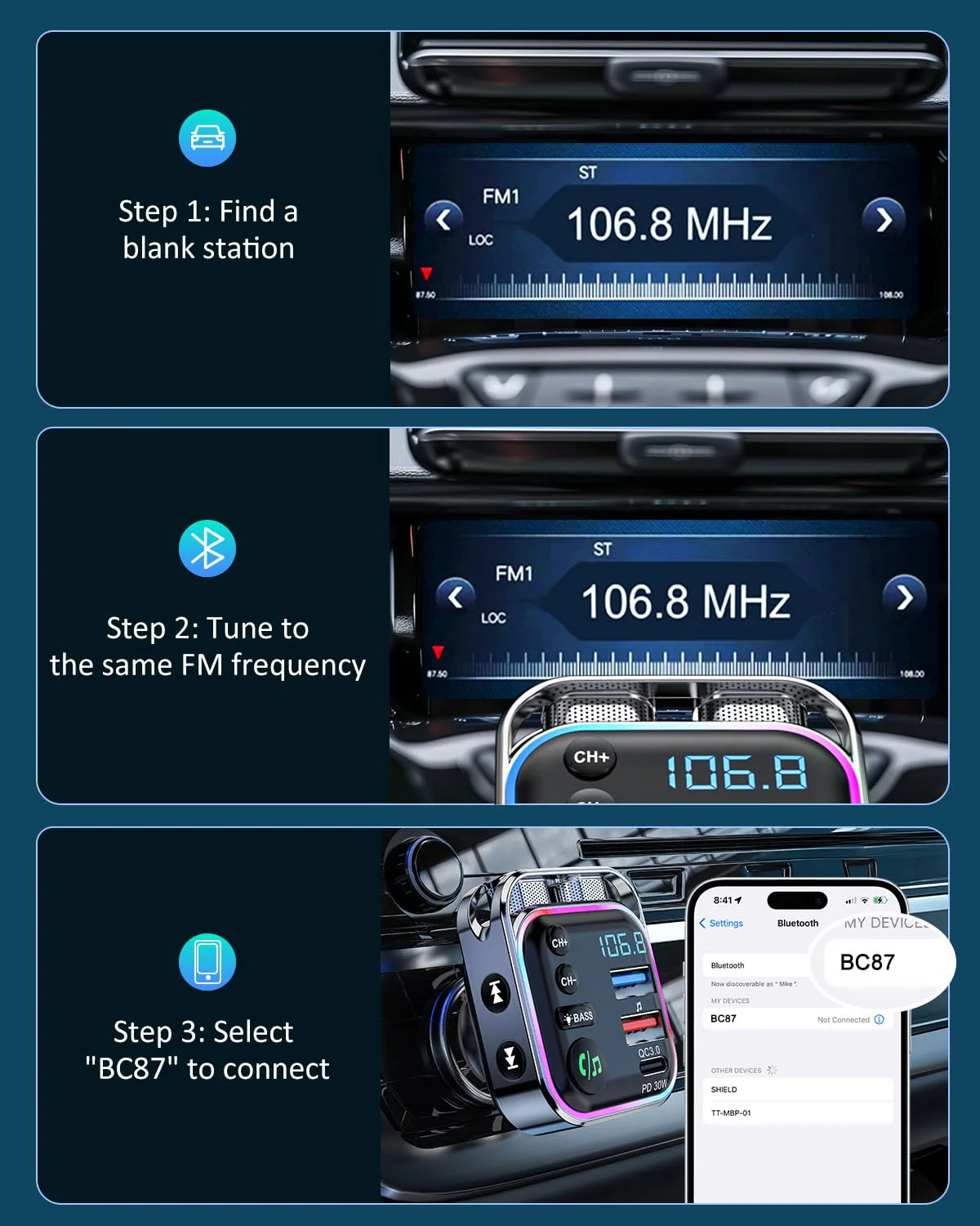 LENCENT Bluetooth 5.3 FM Transmitter Car Adapter 48W (PD30W & QC18W) Fast Charger, Light Switch, HiFi Bass Sound Audio Receiver Wireless Radio MP3 Music Player, Hands-Free Calling, Support USB Drive - Image 8