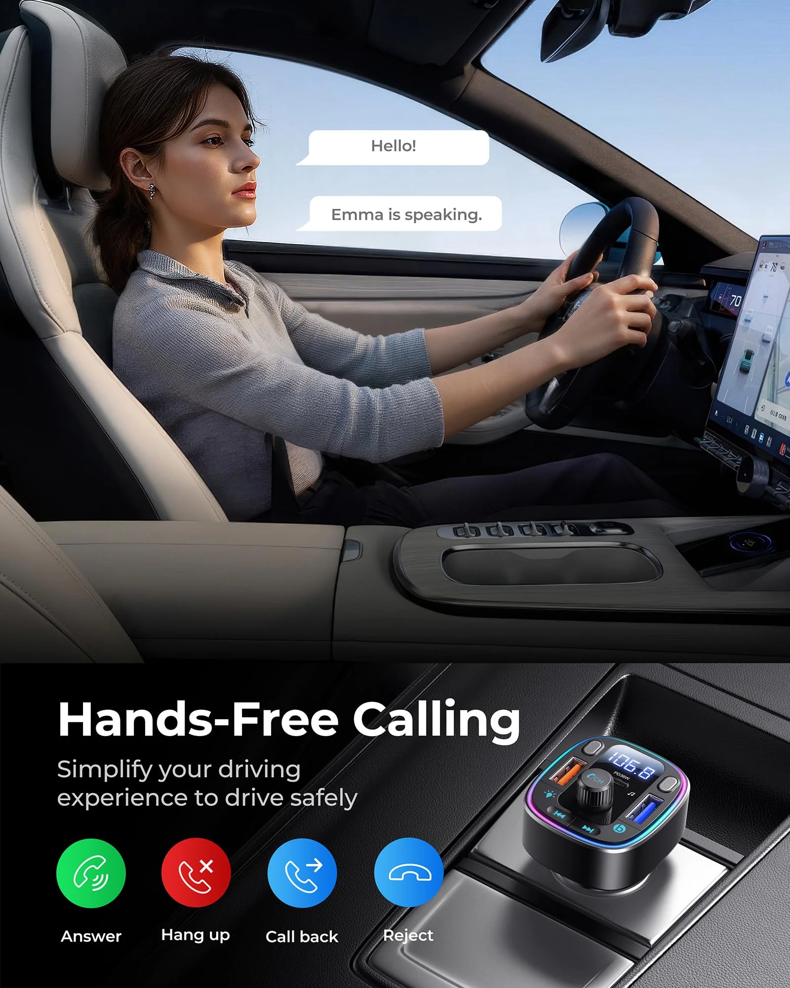 LENCENT Bluetooth 5.4 Car Adapter FM Transmitter 54W Fast Charging, Dual Mics, HiFi Bass Sound, 2 Modes LED Backlit, Cigarette Lighter Adapter Hands-Free Calling Radio, Support USB Drive - Image 7