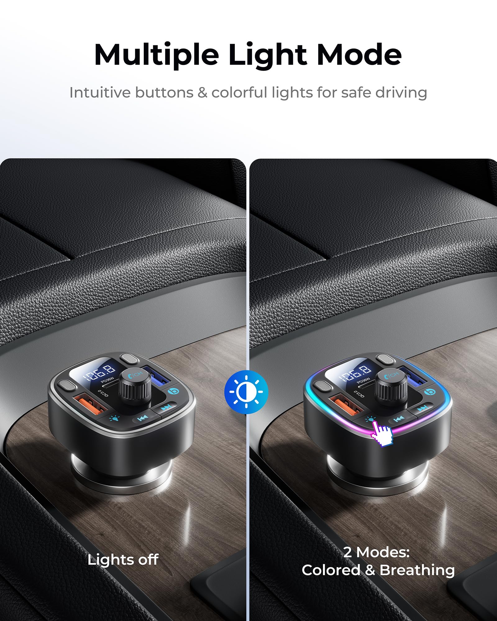 LENCENT Bluetooth 5.4 Car Adapter FM Transmitter 54W Fast Charging, Dual Mics, HiFi Bass Sound, 2 Modes LED Backlit, Cigarette Lighter Adapter Hands-Free Calling Radio, Support USB Drive - Image 8