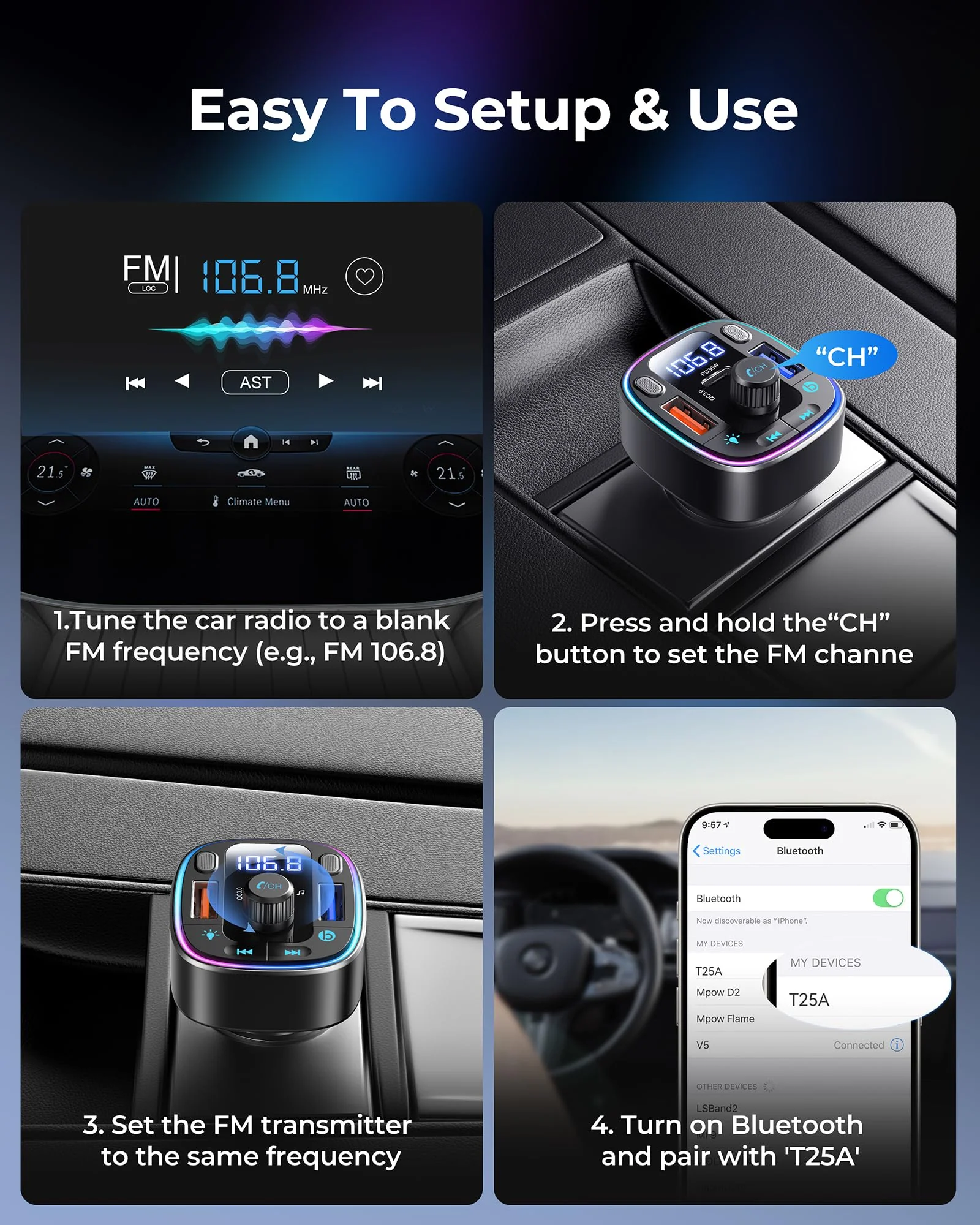 LENCENT Bluetooth 5.4 Car Adapter FM Transmitter 54W Fast Charging, Dual Mics, HiFi Bass Sound, 2 Modes LED Backlit, Cigarette Lighter Adapter Hands-Free Calling Radio, Support USB Drive - Image 9