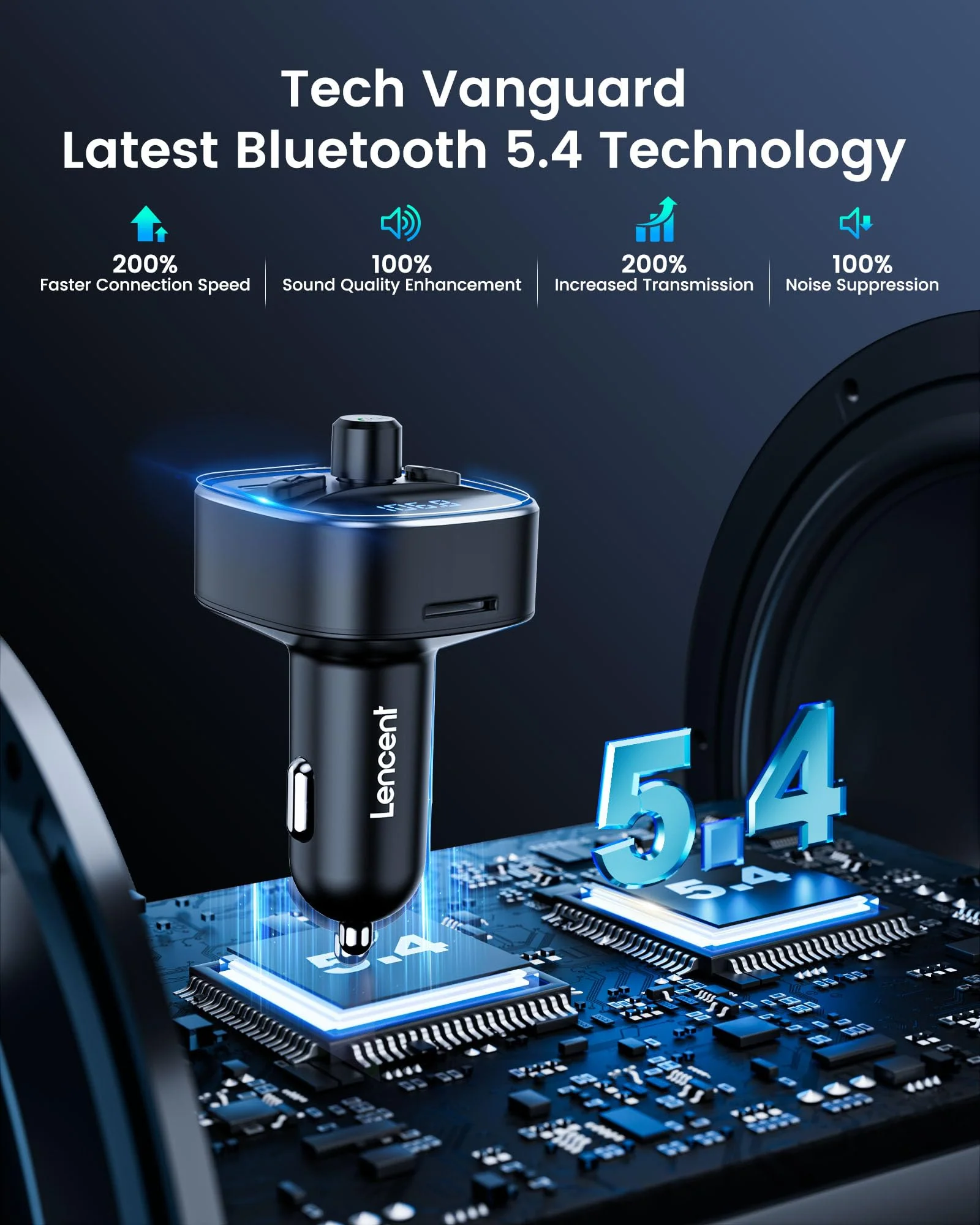 LENCENT Bluetooth 5.4 FM Transmitter Car Adapter 48W [PD 30W & 18W] [7 Color Light] [Fast Charging] Wireless Radio Music Adapter Hands-Free Calling, Support USB Drive & TF Card Colorful-48W - Image 2
