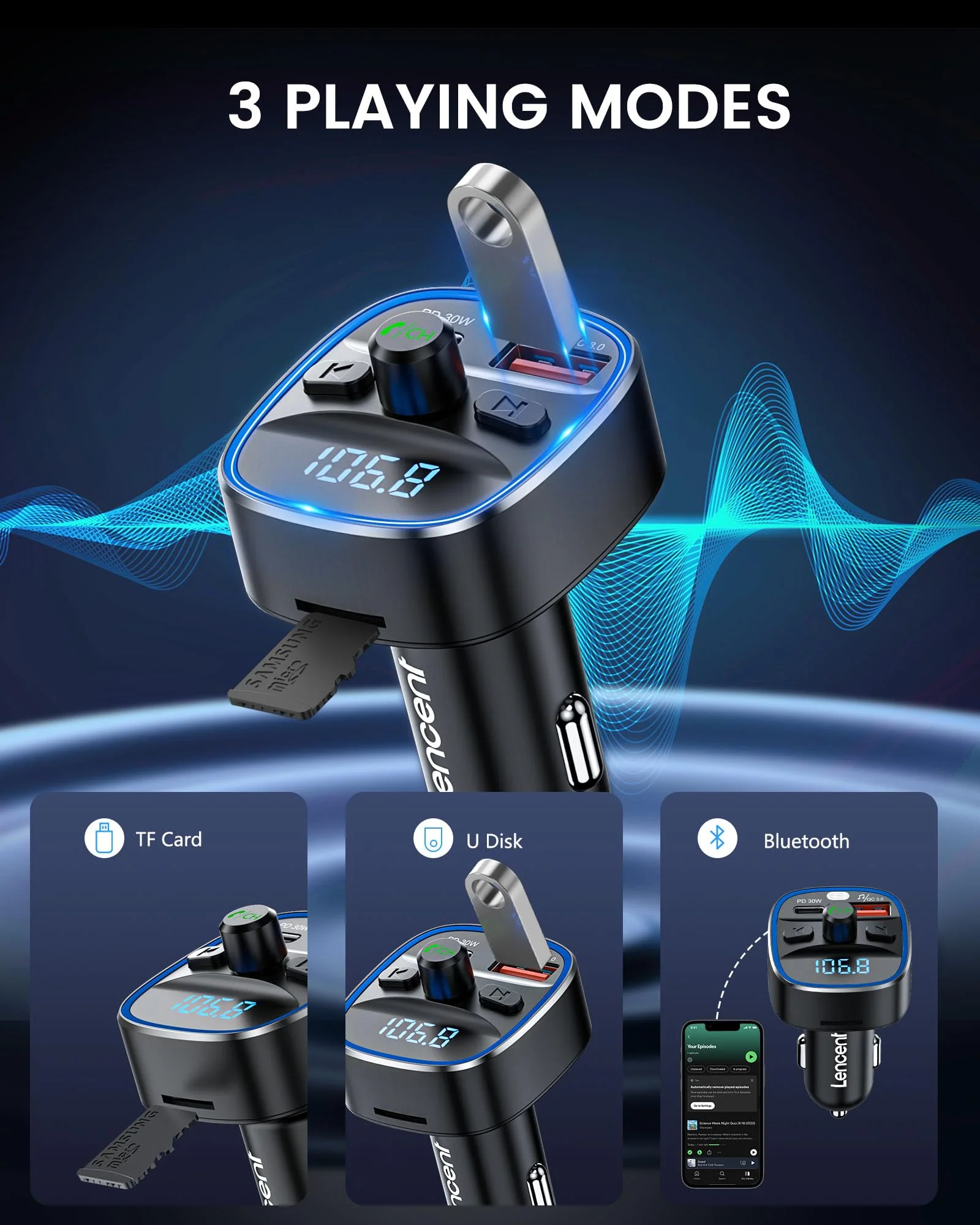 LENCENT Bluetooth 5.4 FM Transmitter Car Adapter 48W [PD 30W & 18W] [7 Color Light] [Fast Charging] Wireless Radio Music Adapter Hands-Free Calling, Support USB Drive & TF Card Colorful-48W - Image 4