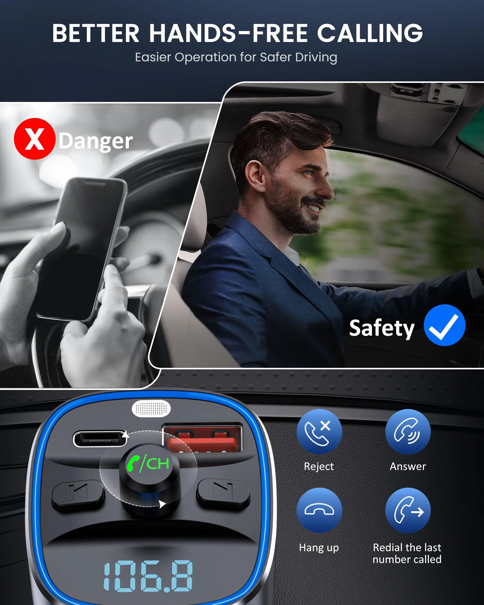 LENCENT Bluetooth 5.4 FM Transmitter Car Adapter 48W [PD 30W & 18W] [7 Color Light] [Fast Charging] Wireless Radio Music Adapter Hands-Free Calling, Support USB Drive & TF Card Colorful-48W - Image 6