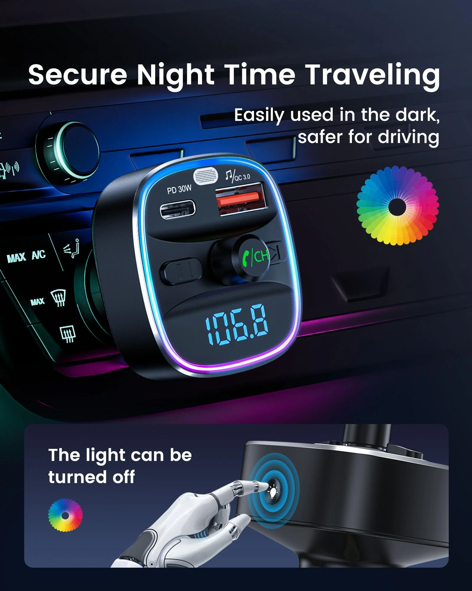 LENCENT Bluetooth 5.4 FM Transmitter Car Adapter 48W [PD 30W & 18W] [7 Color Light] [Fast Charging] Wireless Radio Music Adapter Hands-Free Calling, Support USB Drive & TF Card Colorful-48W - Image 7