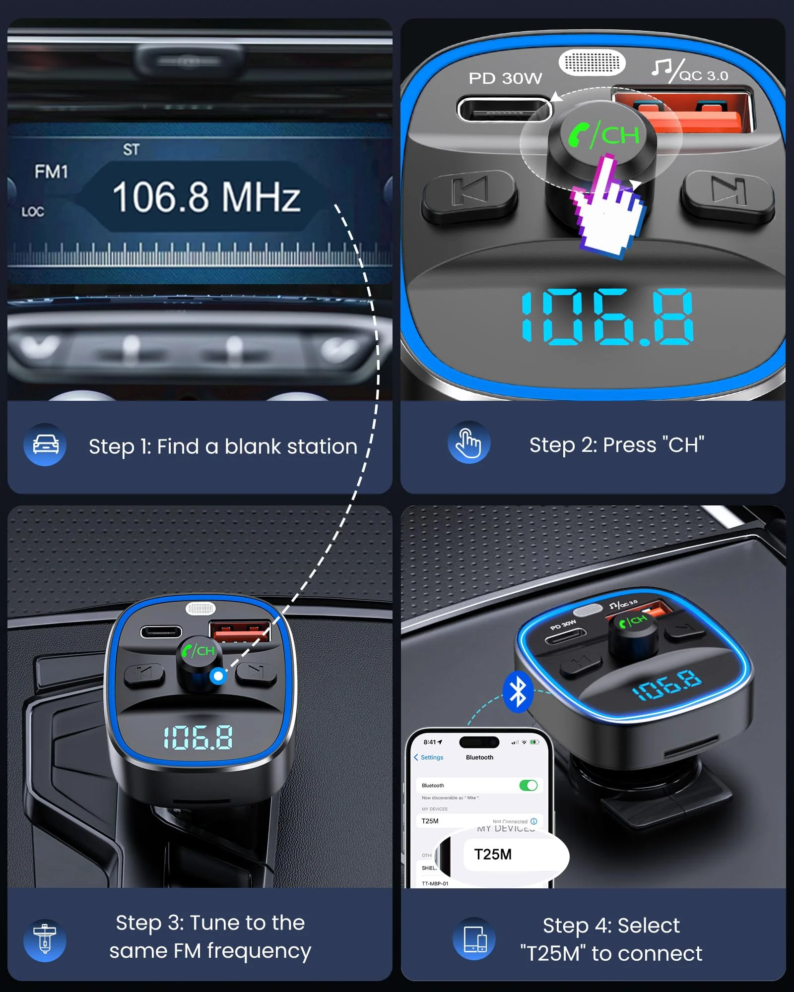 LENCENT Bluetooth 5.4 FM Transmitter Car Adapter 48W [PD 30W & 18W] [7 Color Light] [Fast Charging] Wireless Radio Music Adapter Hands-Free Calling, Support USB Drive & TF Card Colorful-48W - Image 8