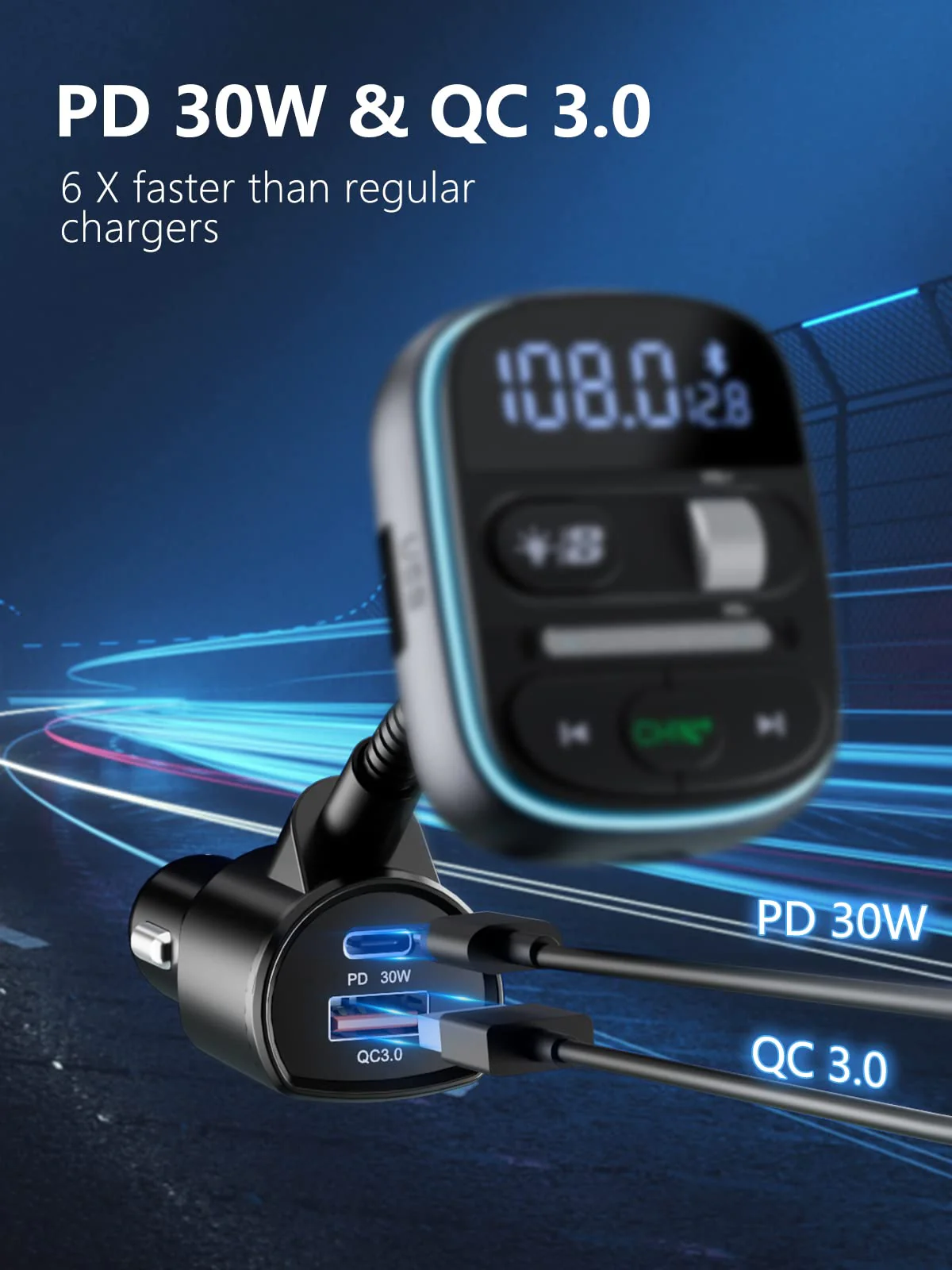 LENCENT Bluetooth FM Transmitter PD 30W, Bluetooth Car Adapter with QC3.0 Fast Charger, Hi-Fi Bass Music, Wireless Radio Receiver Hands-Free Calling, [Color Light] - Image 2